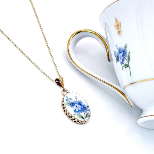 14k Gold Forget Me Not Pendant Necklace, Solid Gold Broken China Jewelry, 20th Anniversary Gifts for Wife, Golden 50th Anniversary Gift