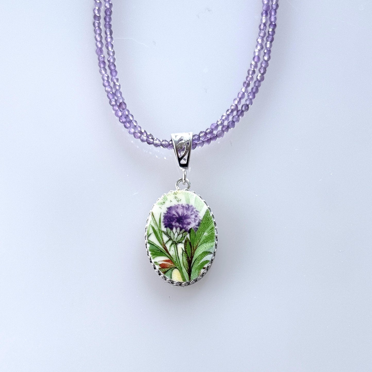 Scottish Thistle Amethyst Necklace, Vintage Broken China Jewelry, Unique 20th Wedding Anniversary Gift for Wife, Purple Flower Jewelry Gift