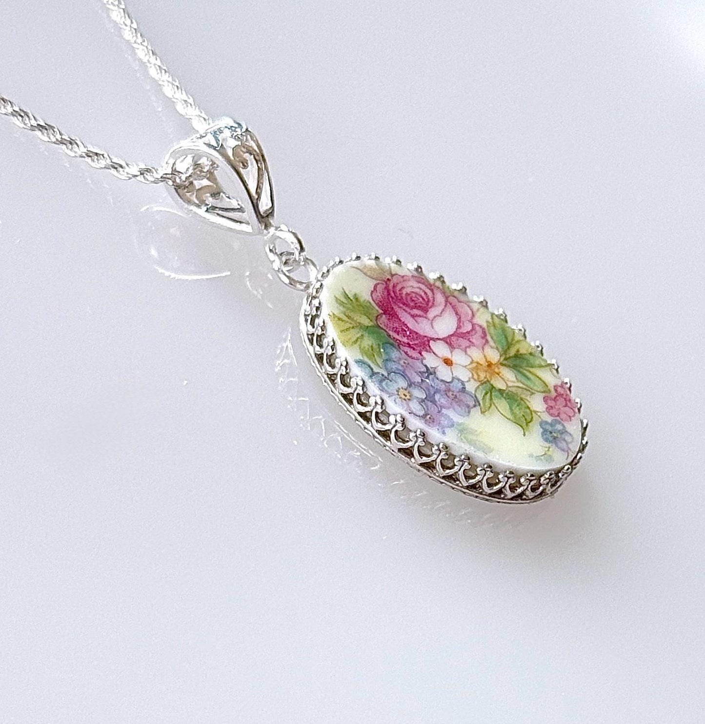 Rose & Forget Me Not Flower Necklace, Broken China Jewelry, Unique 20th Anniversary Gift for Wife, Vintage China Necklace Repurposed Jewelry