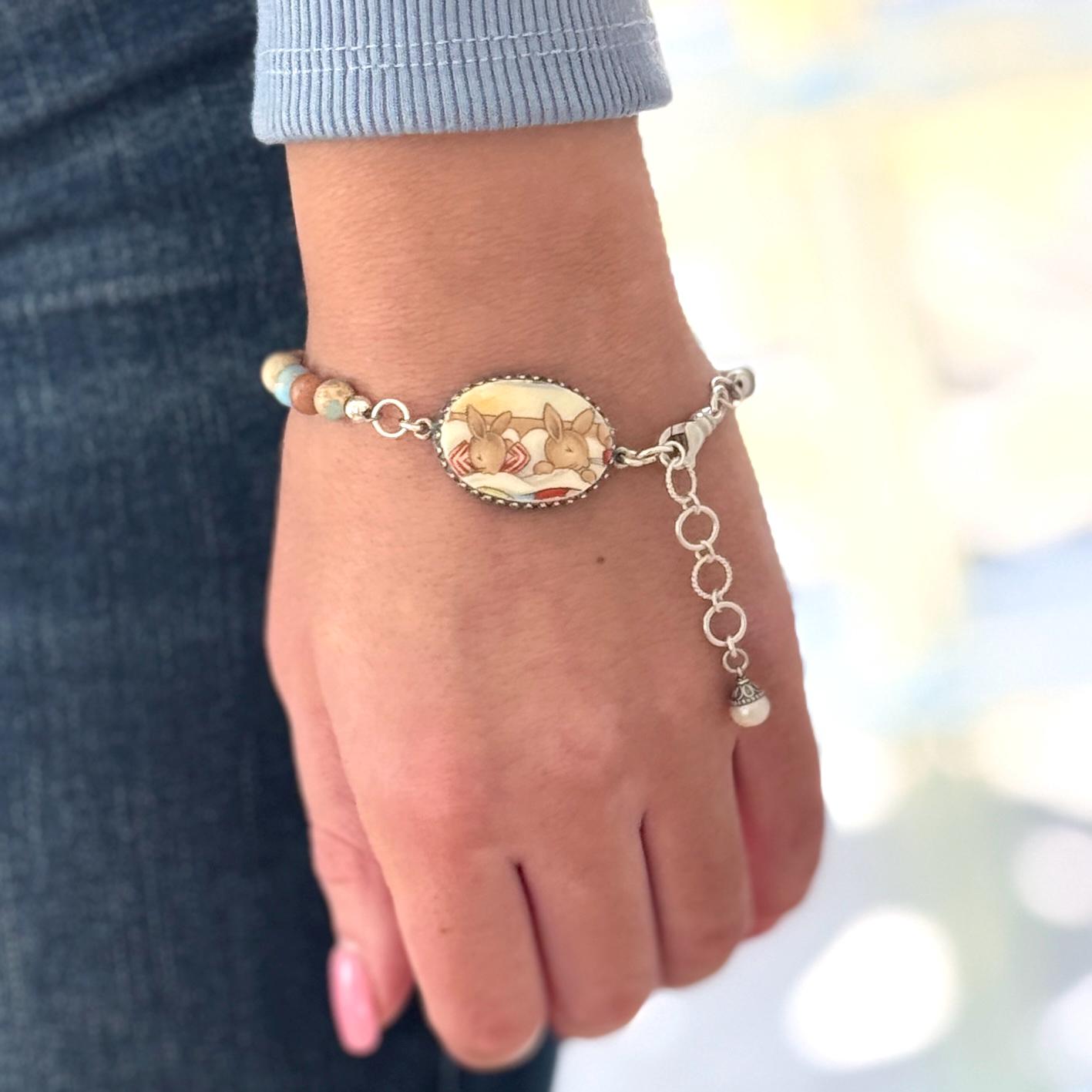 Sterling Silver, Jasper, and Vintage Bunnykins Broken China Jewelry Bracelet, Bunny Rabbit Jewelry, Easter Gifts for Women, Gifts for Her