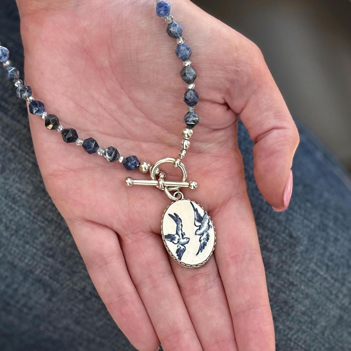 Sentimental 20th Anniversary Gift for Wife, Blue Willow Love Birds Broken China Jewelry, Unique Keepsake Gifts for Women, Sodalite Stones