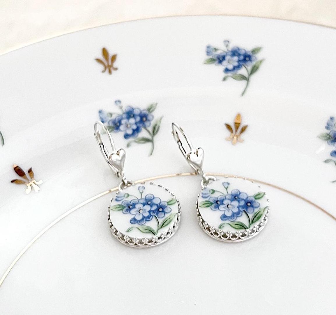 Forget Me Not Silver Heart Earrings, Romantic Love Flower Jewelry, Sterling Silver Broken China Jewelry, Unique 20th Anniversary Gift