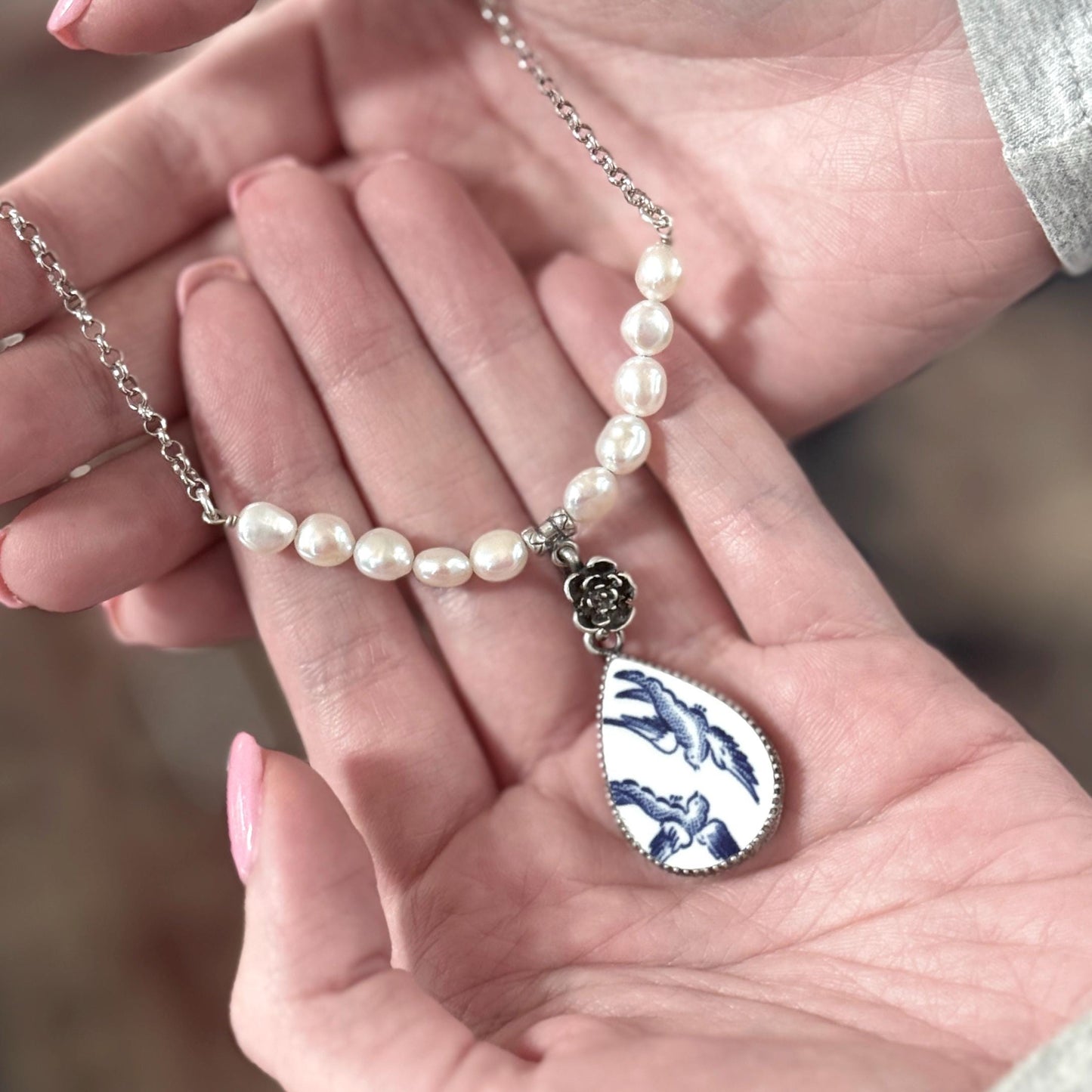 Special 18th or 20th Anniversary Gifts for Wife, Blue Willow Jewelry, Romantic Love Birds Pearl Beaded Bar Necklace, Broken China Jewelry
