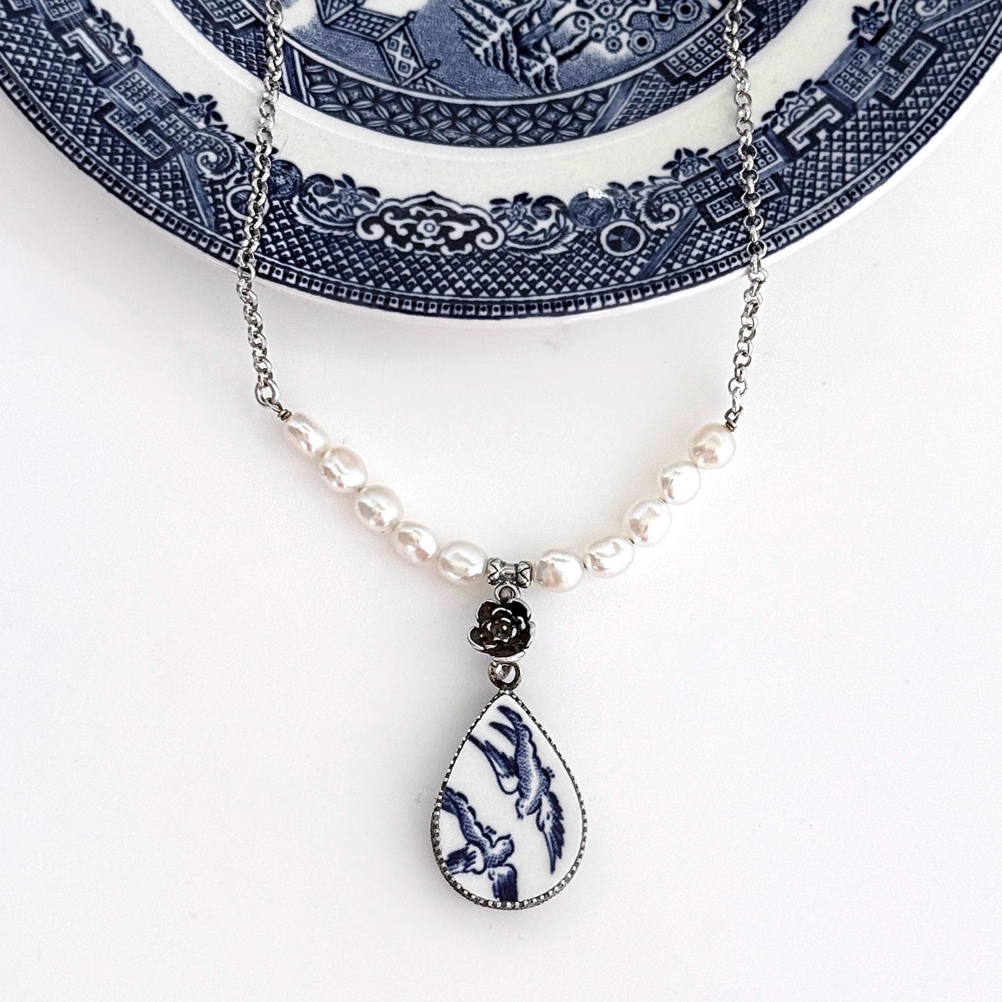 Special 18th or 20th Anniversary Gifts for Wife, Blue Willow Jewelry, Romantic Love Birds Pearl Beaded Bar Necklace, Broken China Jewelry