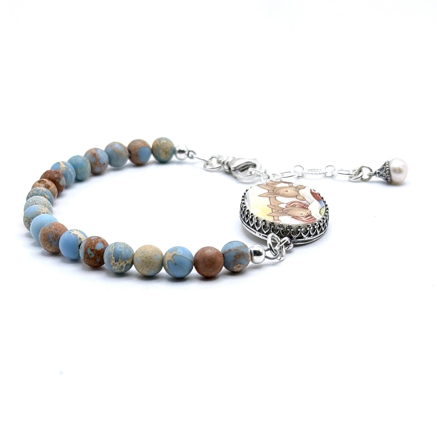 Sterling Silver, Jasper, and Vintage Bunnykins Broken China Jewelry Bracelet, Bunny Rabbit Jewelry, Easter Gifts for Women, Gifts for Her