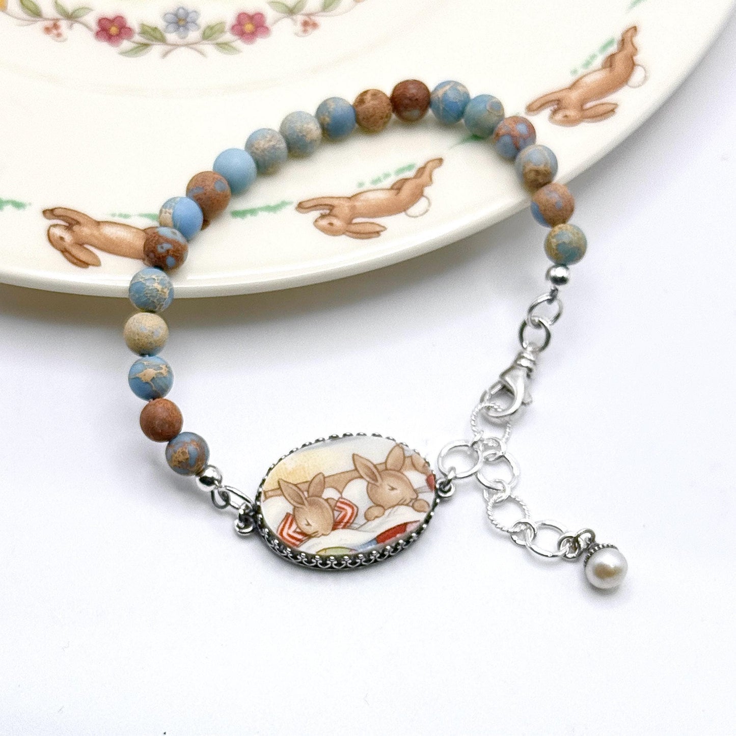 Sterling Silver, Jasper, and Vintage Bunnykins Broken China Jewelry Bracelet, Bunny Rabbit Jewelry, Easter Gifts for Women, Gifts for Her