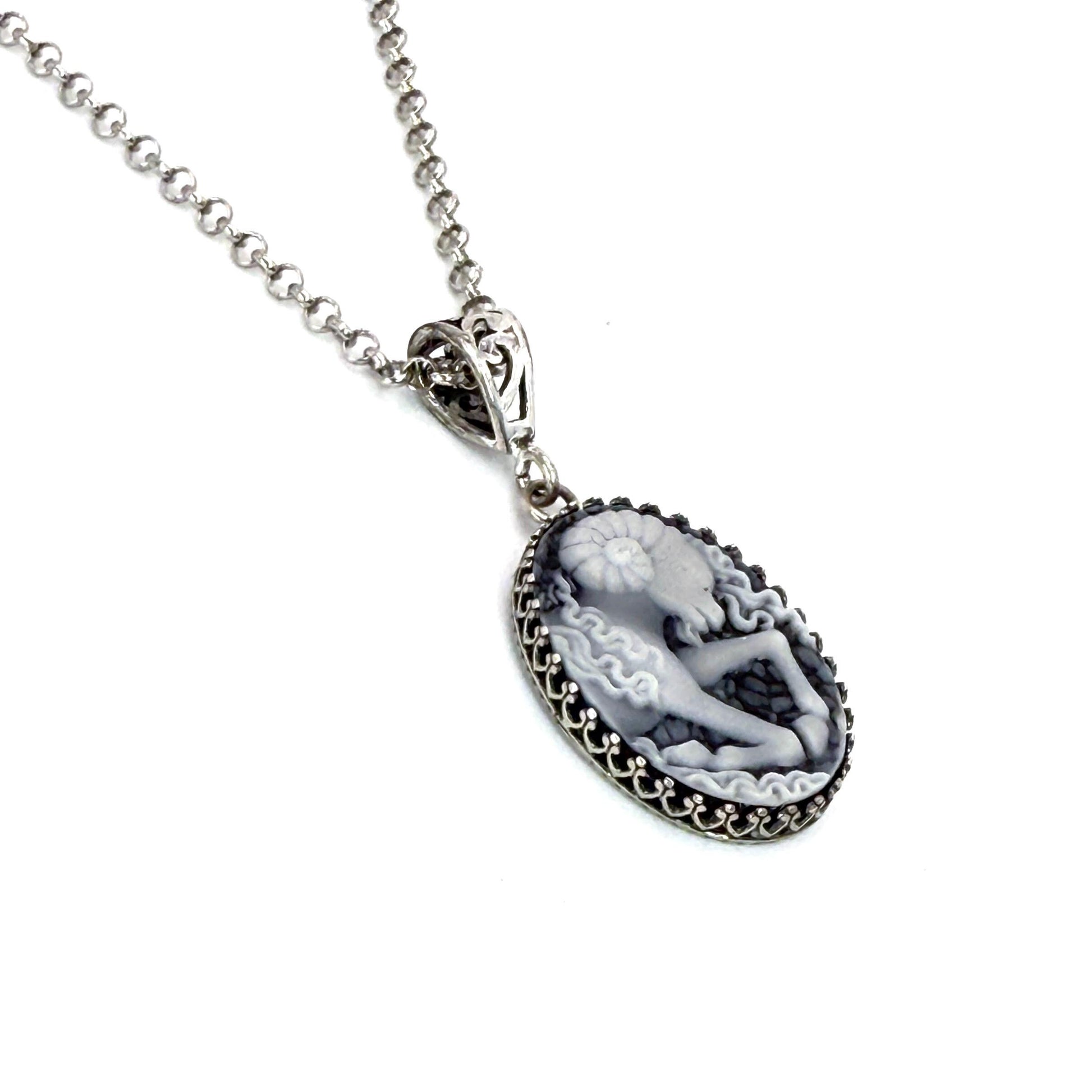 Aries Ram Cameo Necklace, March April Birthday Gift for Her, Astrology Birth Sign Sterling Silver Jewelry, Authentic Cameo, Sterling Silver