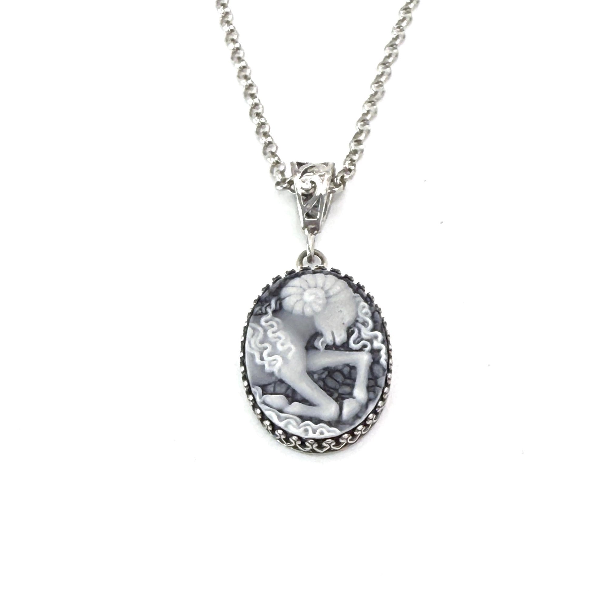 Aries Ram Cameo Necklace, March April Birthday Gift for Her, Astrology Birth Sign Sterling Silver Jewelry, Authentic Cameo, Sterling Silver