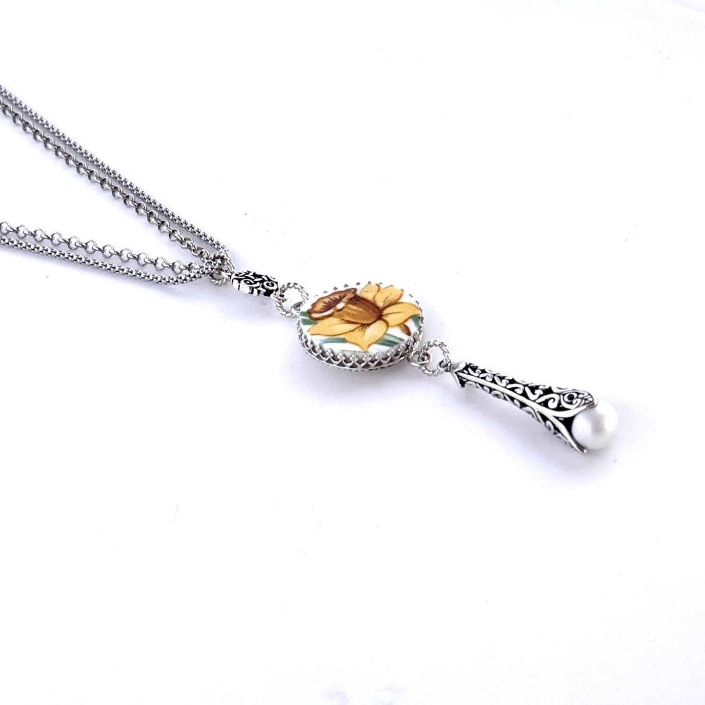 Spring Daffodil Long Sterling Silver Necklace, Pearl Drop, Vintage Broken China Jewelry, Unique 20th Anniversary Gift for Wife, Hope and Joy