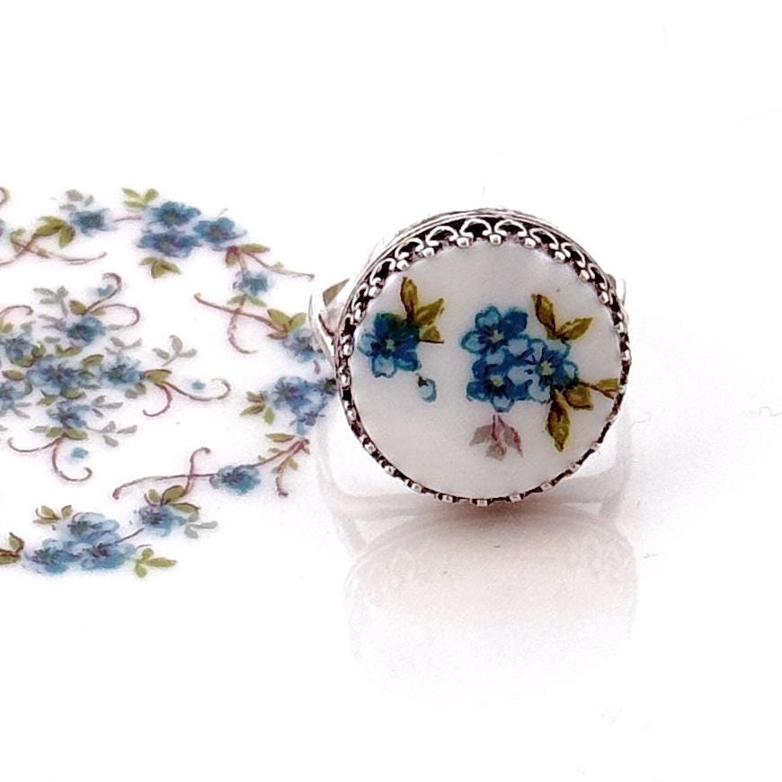 Blue Forget Me Nots Flower Ring, Vintage China Jewelry, Mothers Day Gift for Mom, Unique Handmade Broken China Jewelry, Adjustable Ring