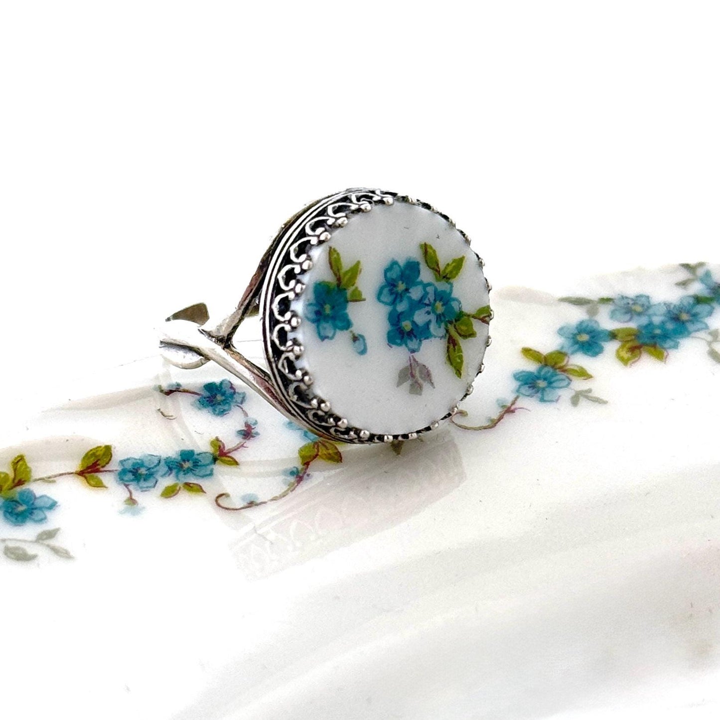 Blue Forget Me Nots Flower Ring, Vintage China Jewelry, Mothers Day Gift for Mom, Unique Handmade Broken China Jewelry, Adjustable Ring