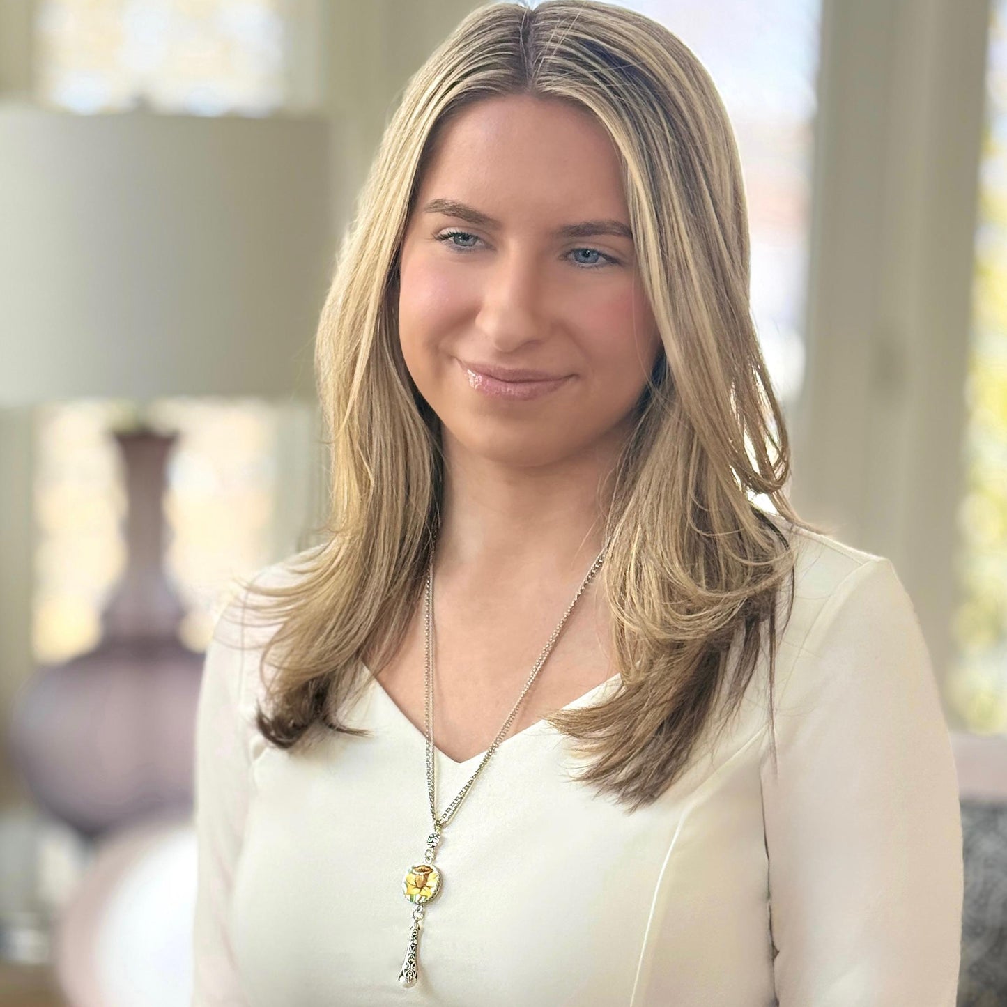 Spring Daffodil Long Sterling Silver Necklace, Pearl Drop, Vintage Broken China Jewelry, Unique 20th Anniversary Gift for Wife, Hope and Joy