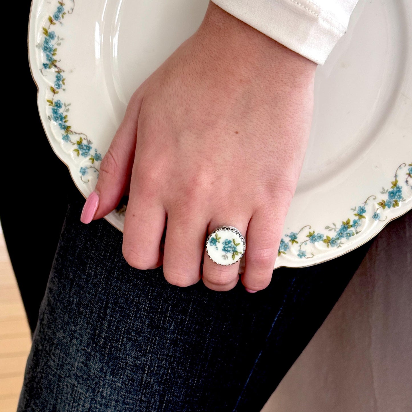 Blue Forget Me Nots Flower Ring, Vintage China Jewelry, Mothers Day Gift for Mom, Unique Handmade Broken China Jewelry, Adjustable Ring