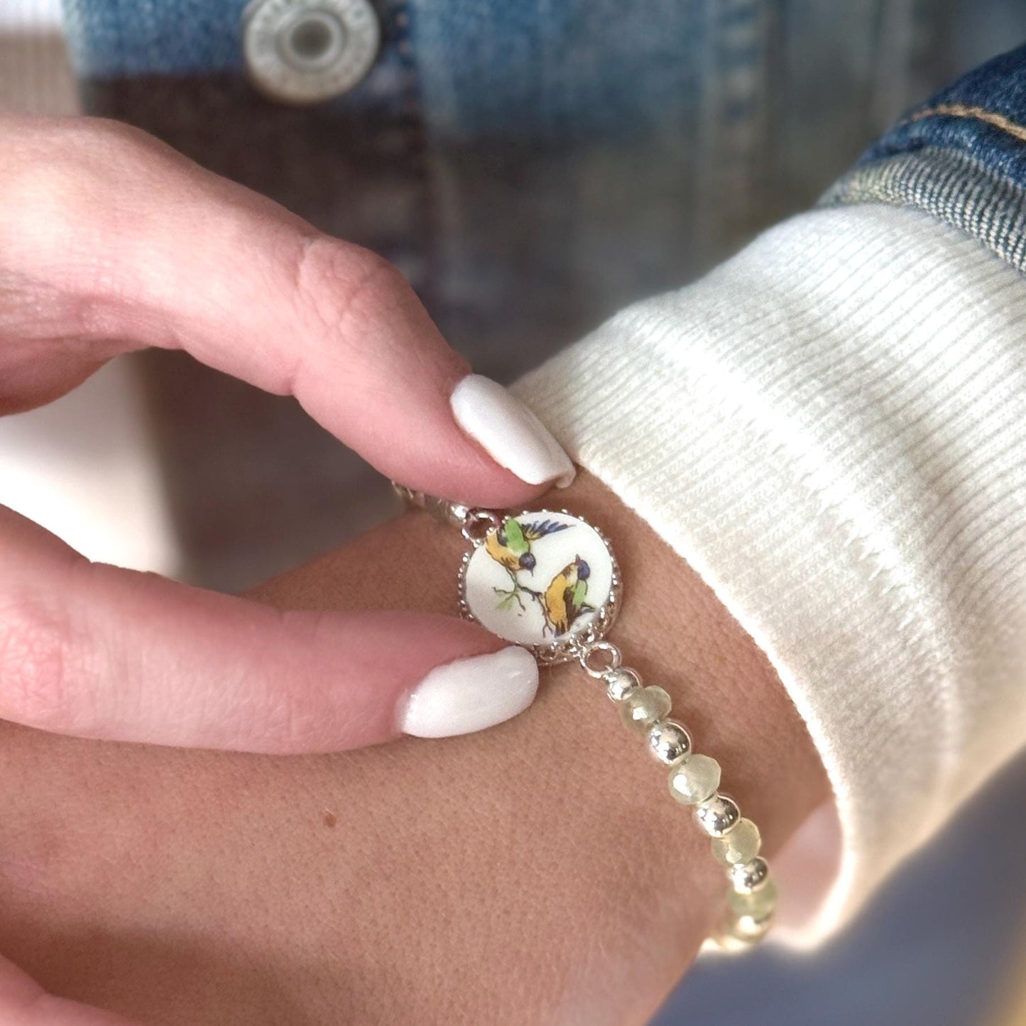 Unique 18th Anniversary Gift for Wife, Sterling Silver and Jade, Love Birds Bracelet, Antique Porcelain, Bird Jewelry, Broken China Jewelry