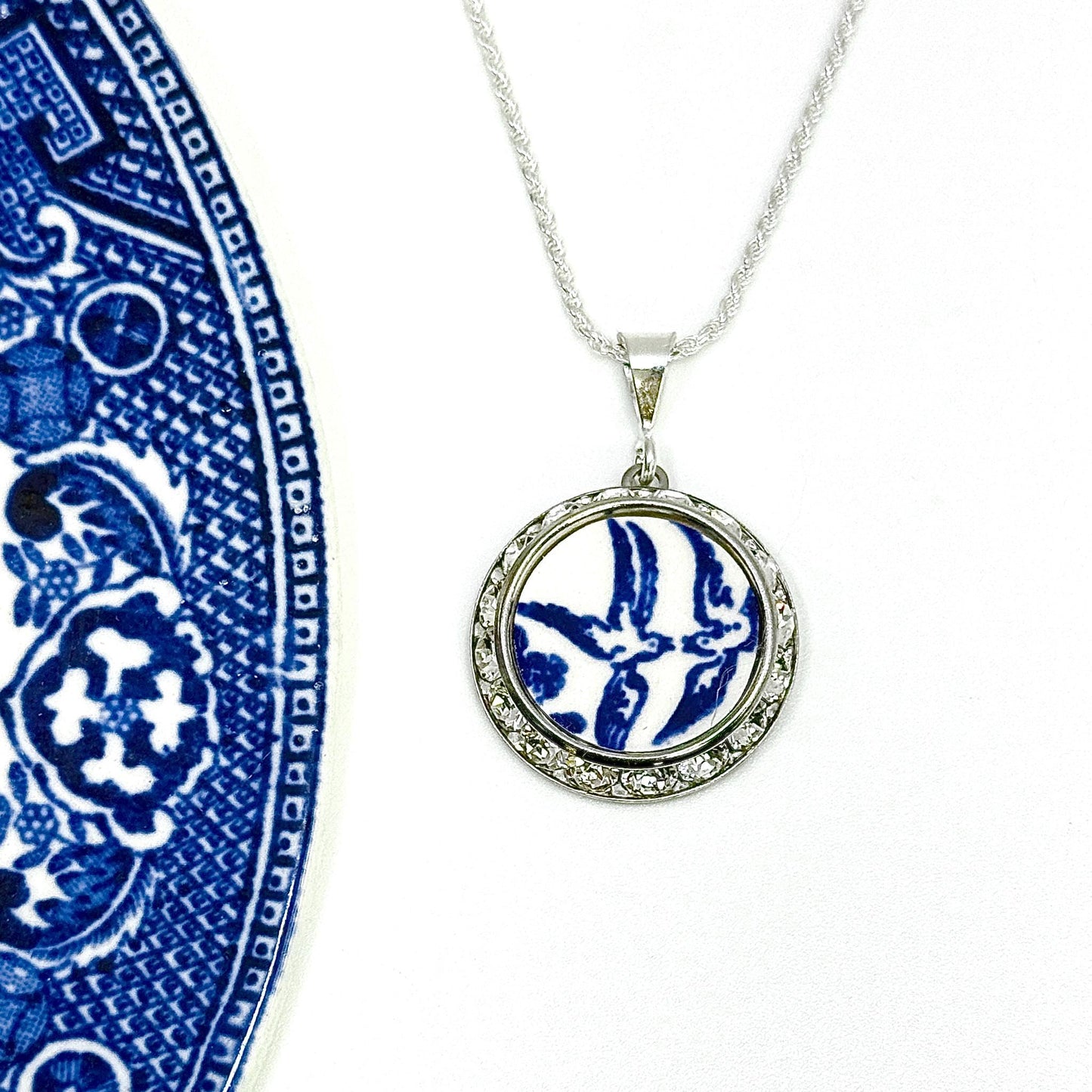 Love Birds China Necklace Broken China Jewelry Romantic 20th Anniversary Gift for Wife Vintage Blue Willow Ware China