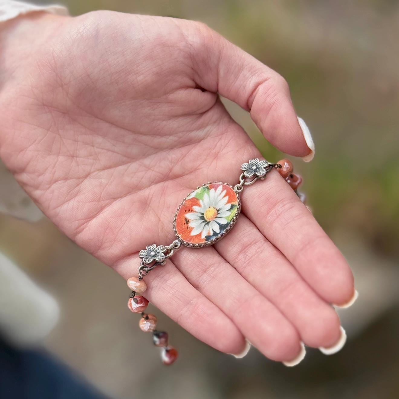 Daisy Victorian Bracelet, Porcelain Jewelry, Unique 18th Anniversary Gifts for Wife, One-of-a-Kind Vintage Jewelry, Sterling Silver