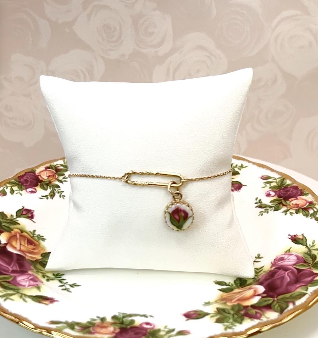 Dainty 14k Solid Gold Rose Charm Bracelet, Old Country Roses Broken China Jewelry, Romantic 20th Anniversary Gift for Wife