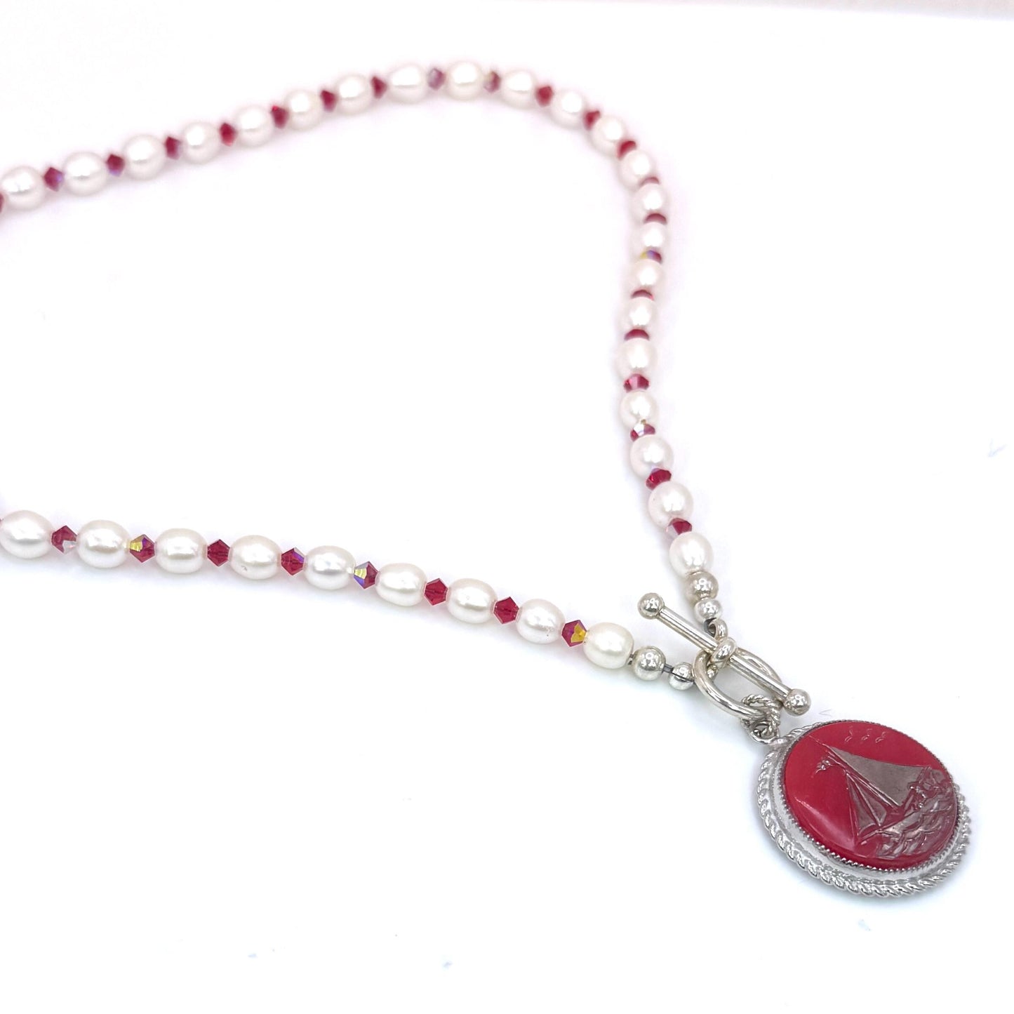 Freshwater Pearl and Crystal Toggle Necklace, Statement Red Button Pendant, Summer Sailboat Necklace, Nautical Jewelry, Gift for Boater
