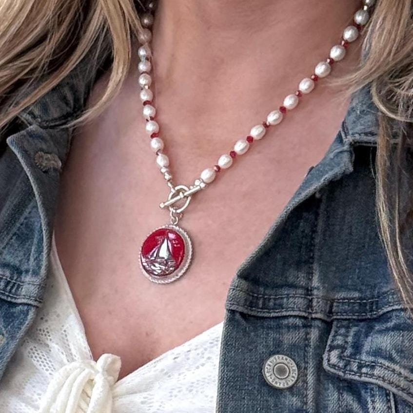 Freshwater Pearl and Crystal Toggle Necklace, Statement Red Button Pendant, Summer Sailboat Necklace, Nautical Jewelry, Gift for Boater