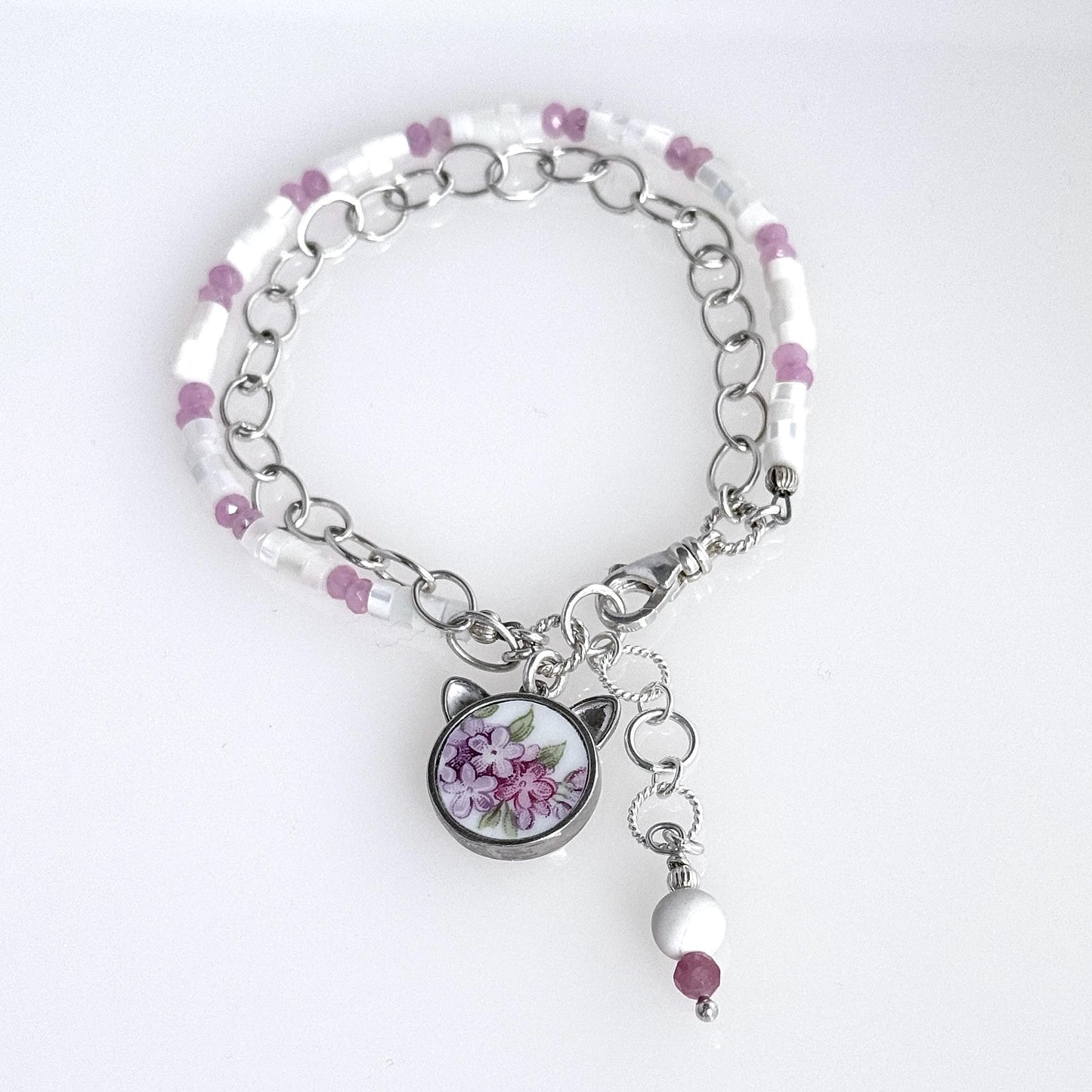 Sterling Silver Cat Charm Bracelet Unique 20th Anniversary Gifts for Wife, Gifts for Her, Purple Lilac Flower Broken China Jewelry, Gemstone