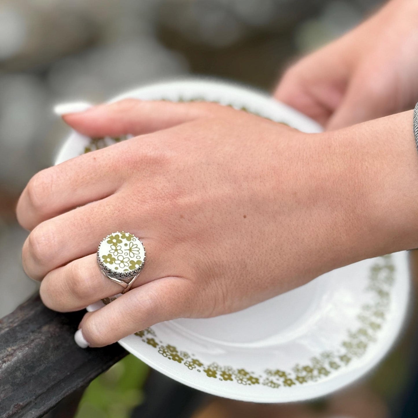 Crazy Daisy Spring Blossom Corelle Ring, Retro Vintage Glass Jewelry, Sterling Silver Adjustable Round Ring, Statement Jewelry