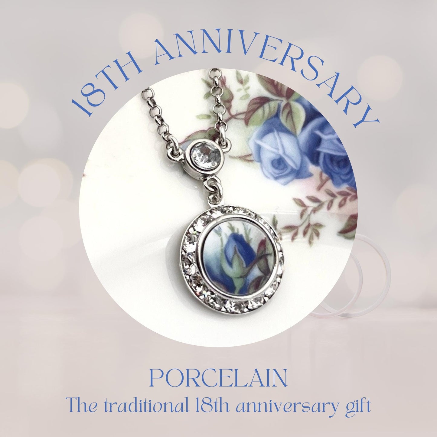 Royal Albert Moonlight Rose Crystal Necklace, Romantic 18th and 20th Anniversary Porcelain Gift for Wife, Broken China Jewelry for Women