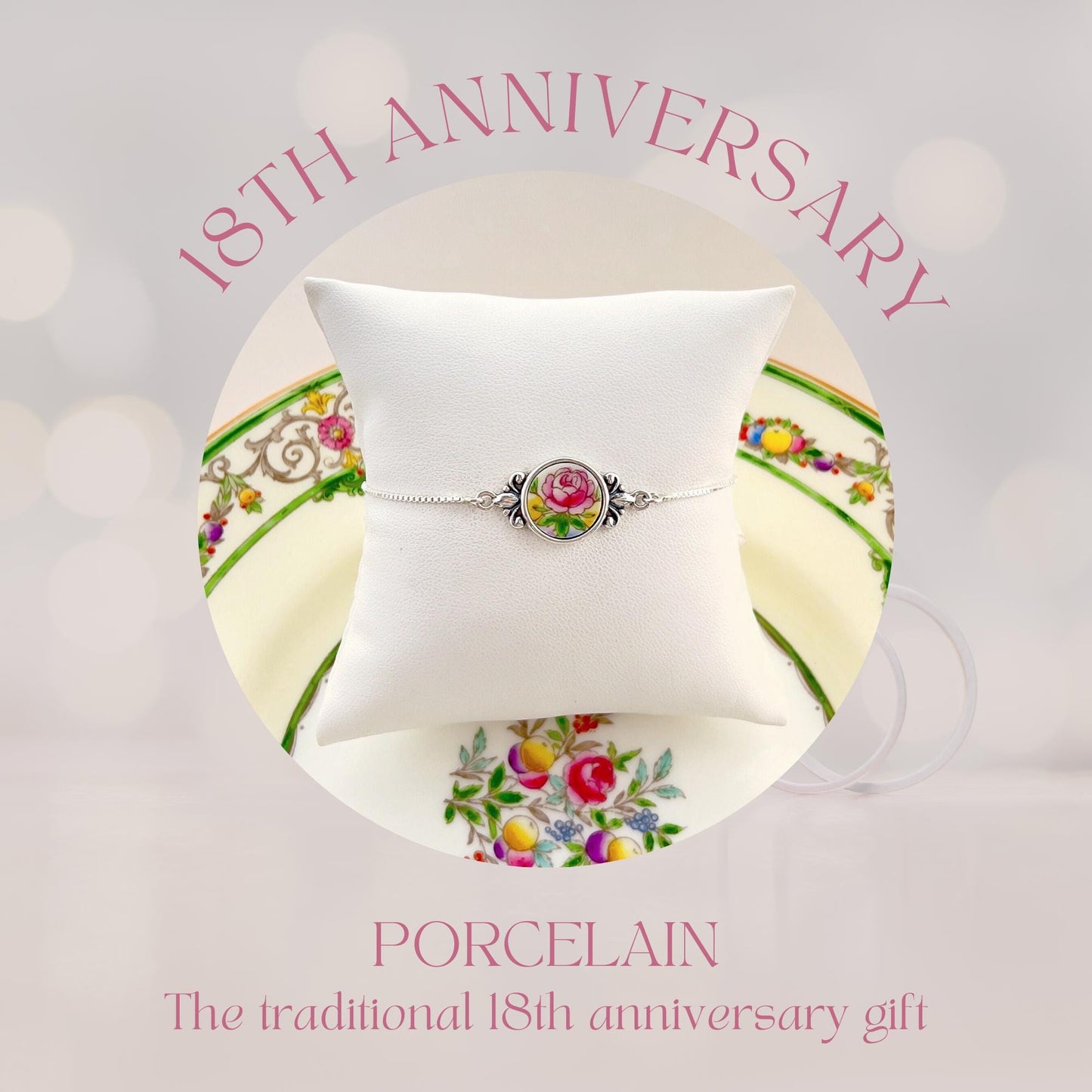 Unique 18th Anniversary Gifts for Wife, Broken China Jewelry, Adjustable Bolo Bracelet, Hand Painted Vintage French Limoges Porcelain