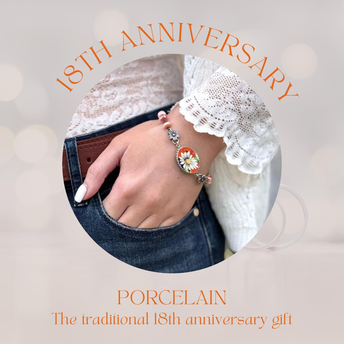 Daisy Victorian Bracelet, Porcelain Jewelry, Unique 18th Anniversary Gifts for Wife, One-of-a-Kind Vintage Jewelry, Sterling Silver