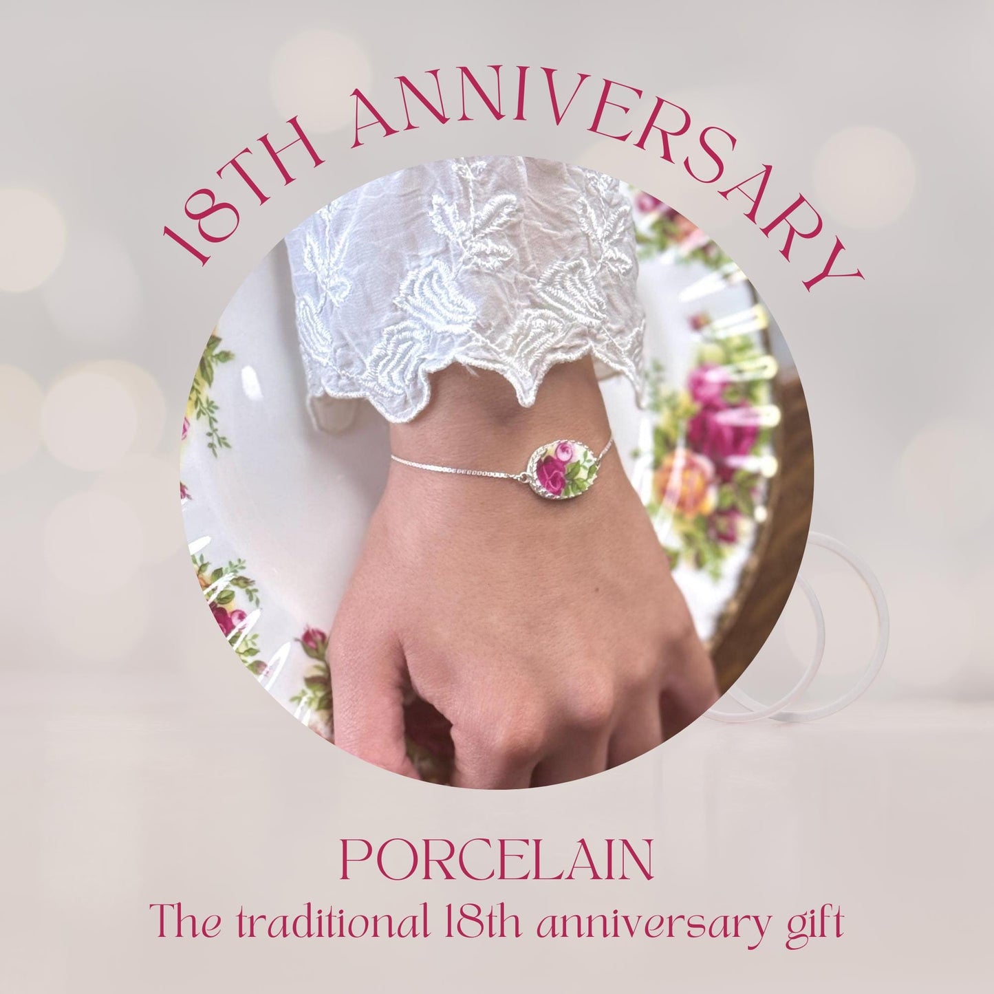 Sterling Silver Royal Albert Old Country Roses Bolo Bracelet, Broken China Jewelry, Unique 18th/20th Gifts for Wife, Red Rose Love Gifts