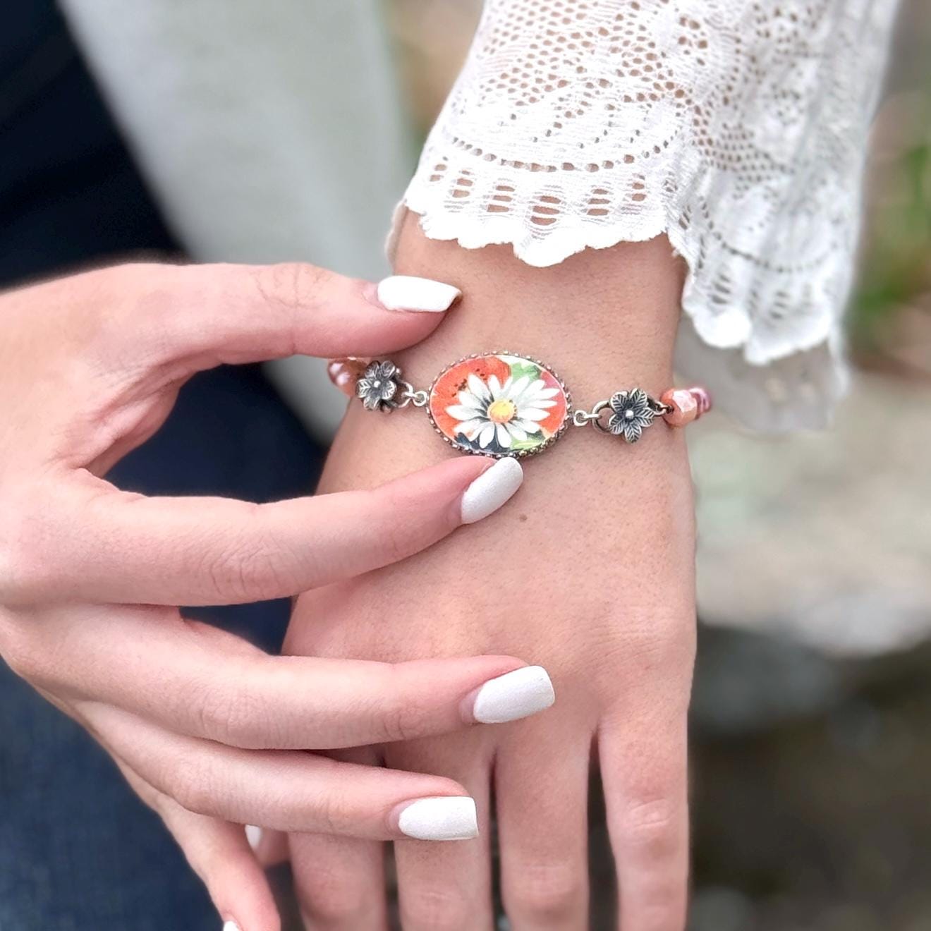 Daisy Victorian Bracelet, Porcelain Jewelry, Unique 18th Anniversary Gifts for Wife, One-of-a-Kind Vintage Jewelry, Sterling Silver