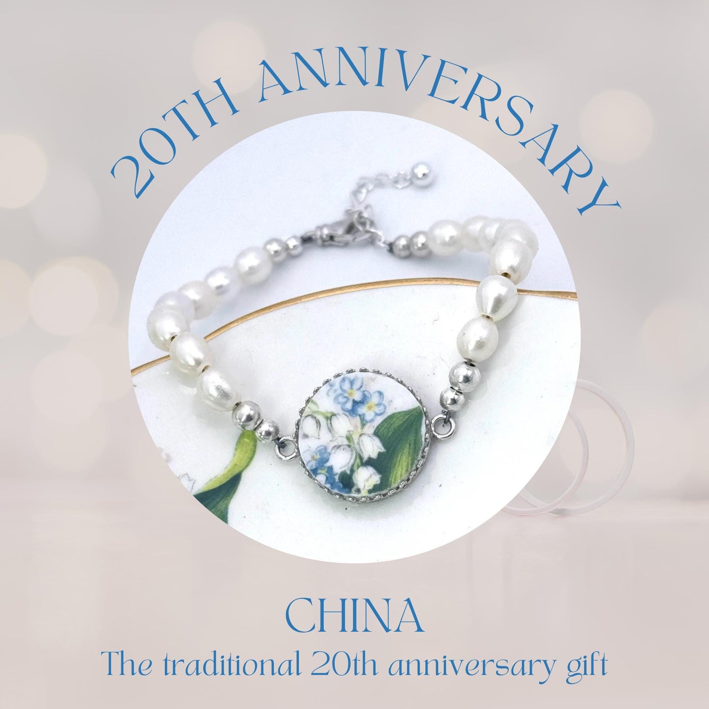 Lily of the Valley Pearl Flower Bracelet, 20th Anniversary Gifts for Wife, Silver Broken China Jewelry, Forget Me Not Bracelet