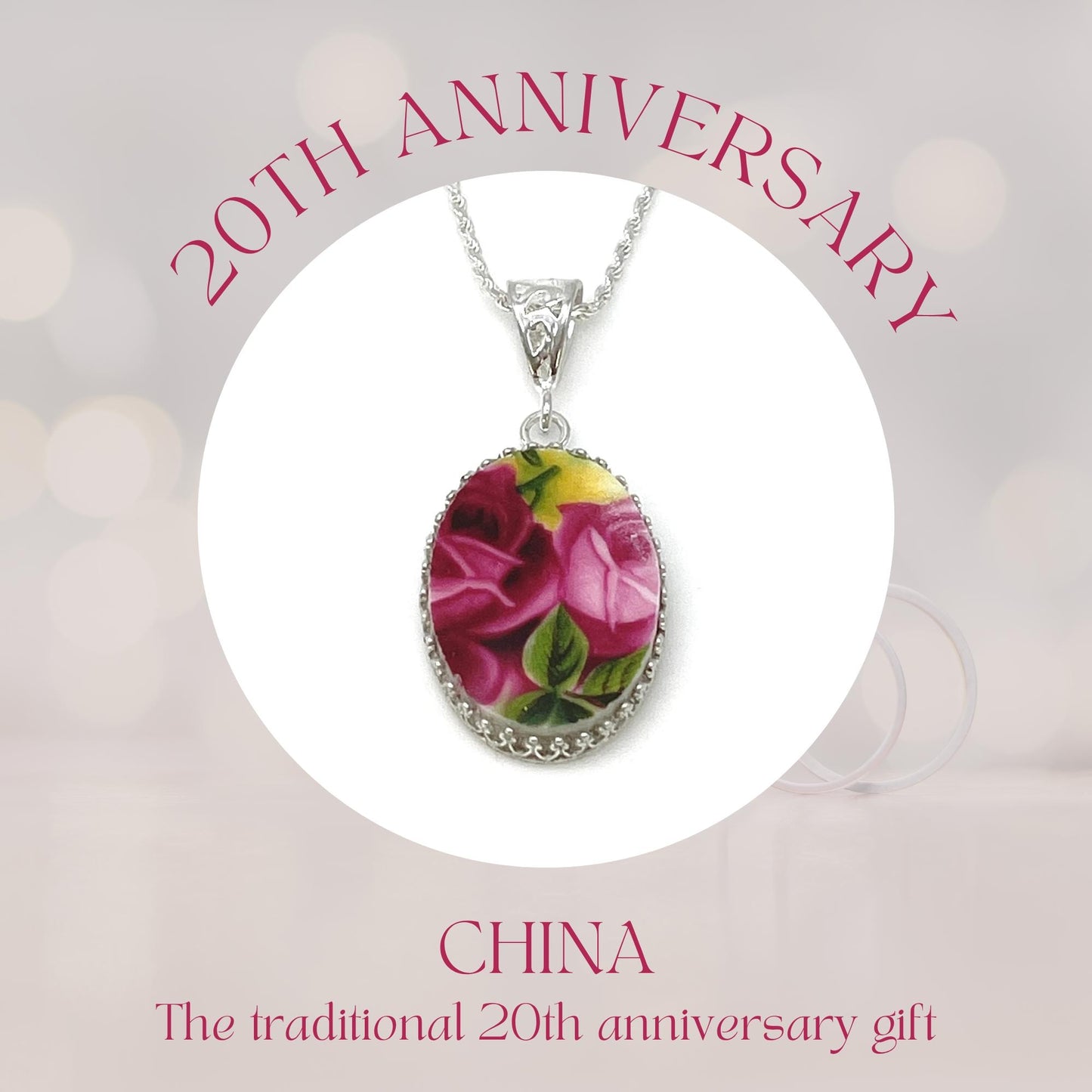 Royal Albert Broken China Jewelry, 20th Anniversary Gift for Wife, Sterling Silver Necklace, Old Country Roses Jewelry