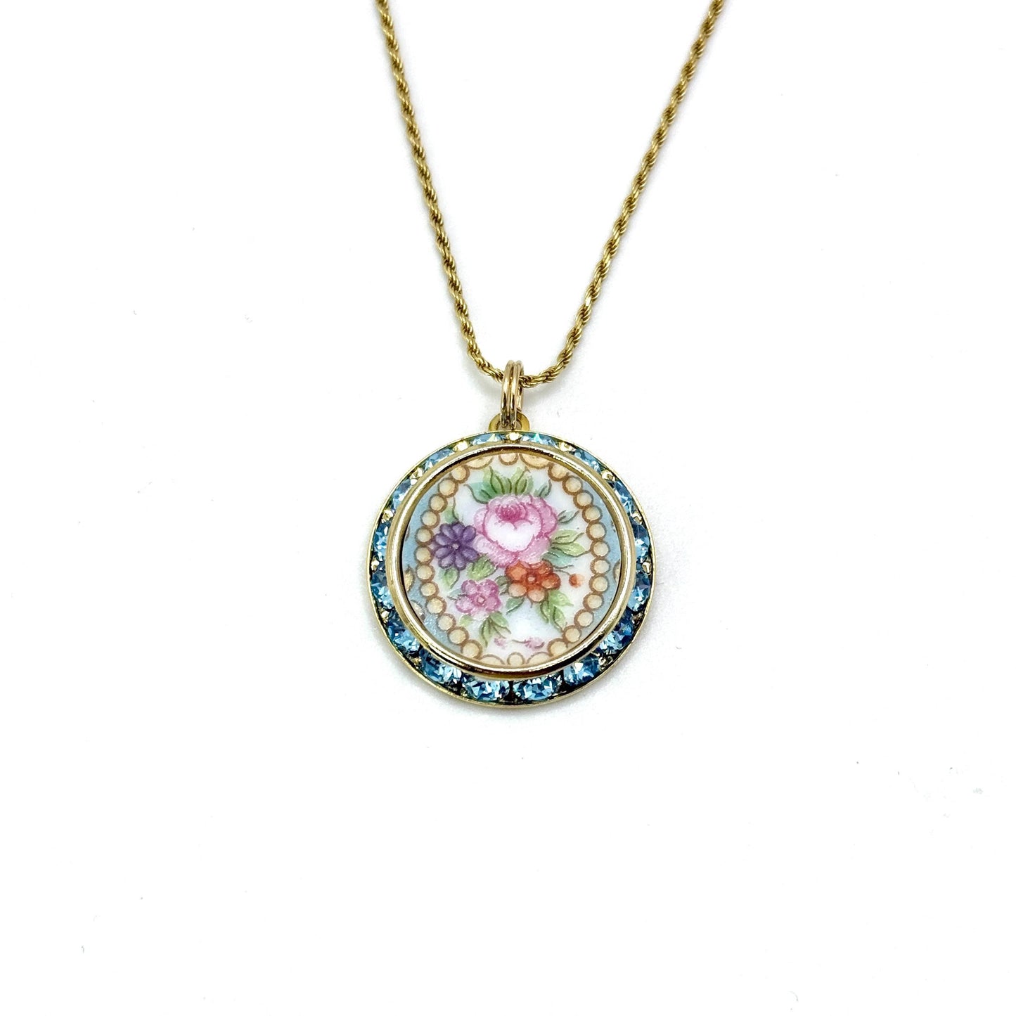 Victorian 20th Anniversary Gifts for Wife, Pink Rose and Forget Me Not Necklace, Gold Crystal Broken China Jewelry, Vintage Wedding Jewelry