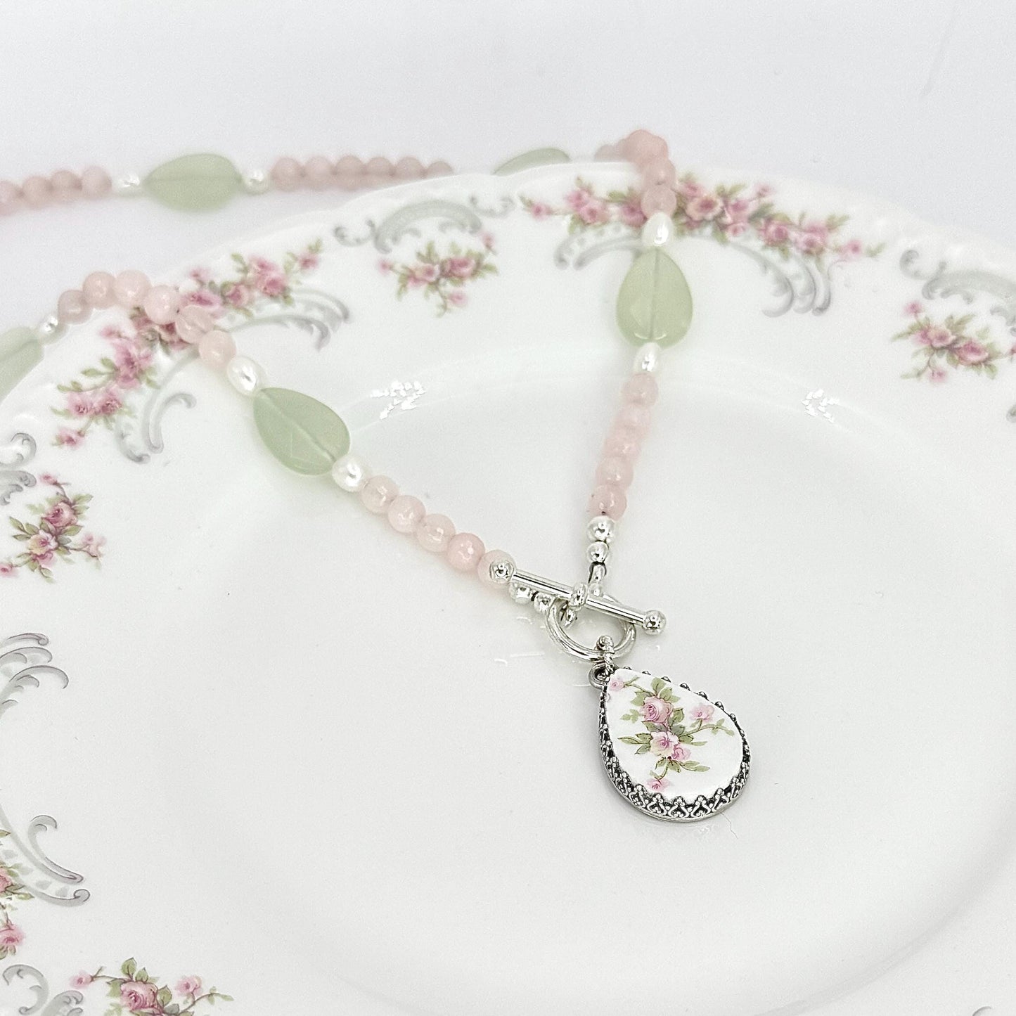 Antique Porcelain 18th Wedding Anniversary Gifts for Wife, Rose Quartz Toggle Necklace, French Limoges Broken China Jewelry, Blush Pink