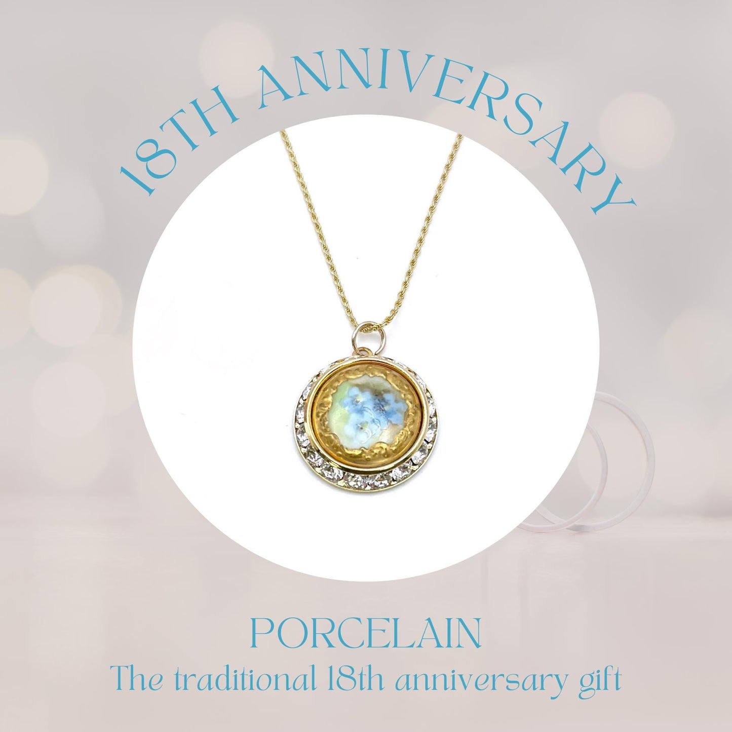 Traditional 18th Anniversary Gifts for Wife, Adjustable Antique Button Necklace, Gold Crystal Pendant, Robins Egg Blue Forget Me Nots