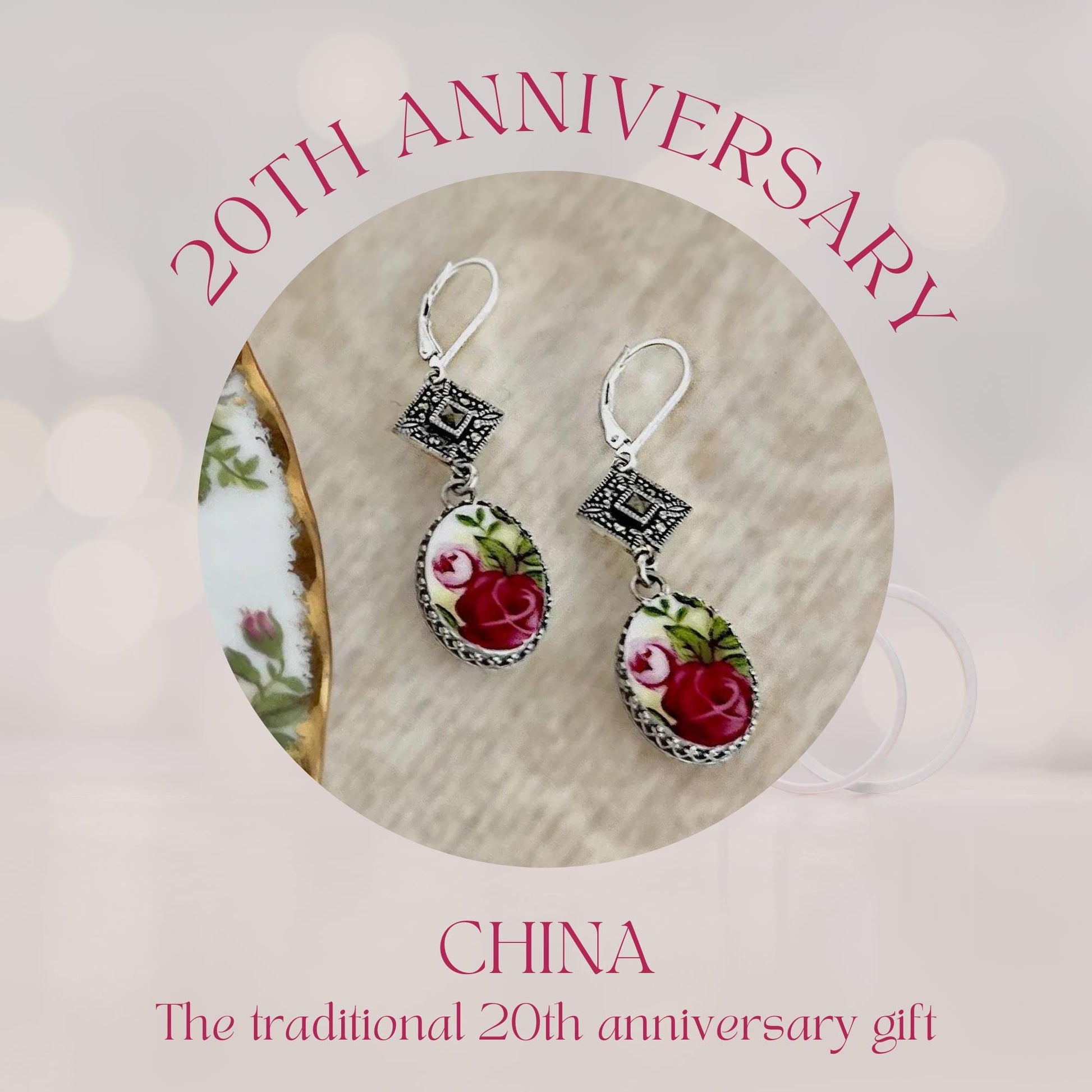 20th Anniversary Gifts, Gift for Wife, Broken China Jewelry Marcasite Earrings, Sterling Silver, Old Country Roses Red Roses for Love