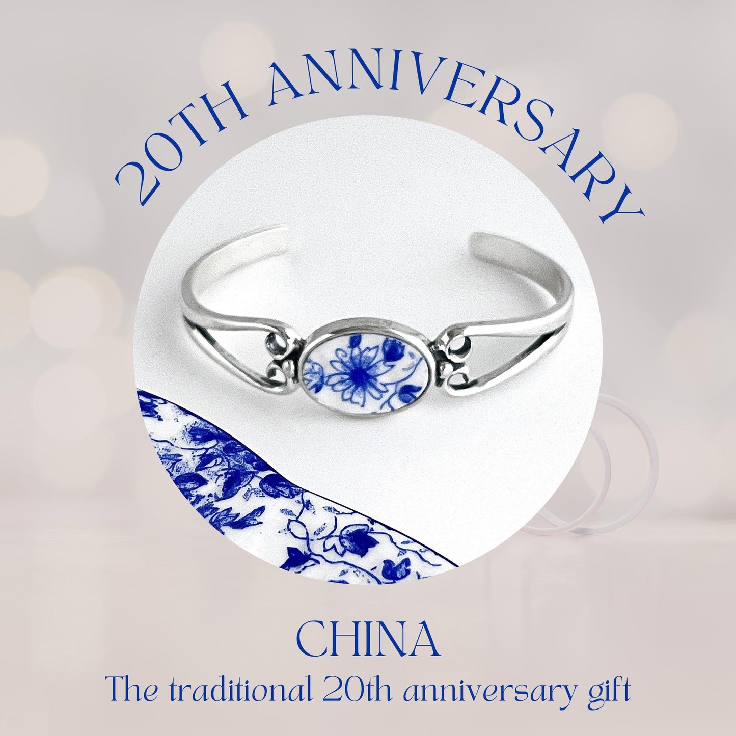 Shelley Dainty Blue Broken China Daisy Bracelet, Daisy Flower Jewelry, 20th Anniversary Gifts for Wife, Vintage Blue and White China