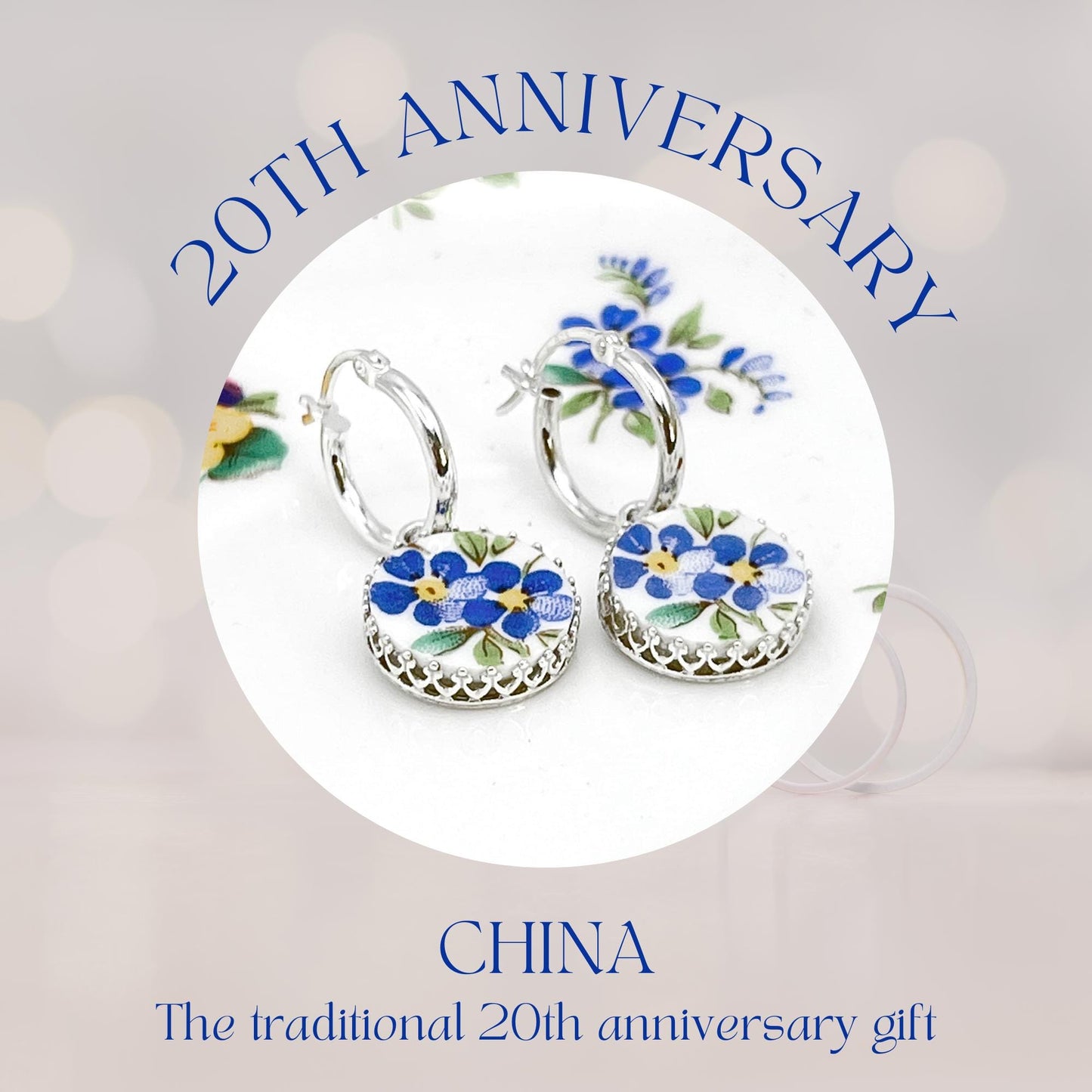 Unique 20th Anniversary Gift for Wife, Forget Me Not Broken China Jewelry, Sterling Silver Hoop Earrings