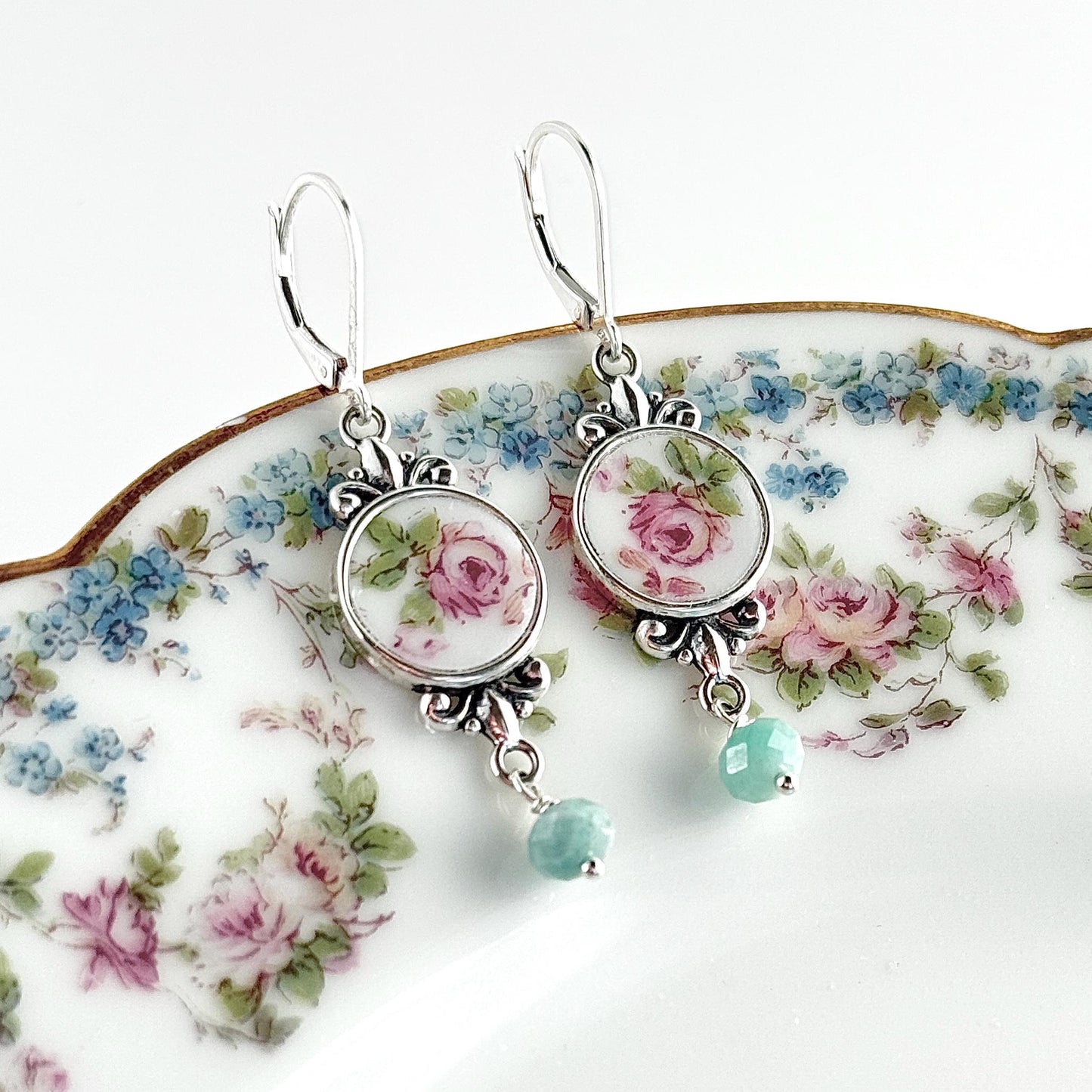 Emerald 20th Wedding Anniversary Gifts for Wife, Gemstone Jewelry Set, Bracelet and Earrings, Antique French Limoges Broken China Jewelry