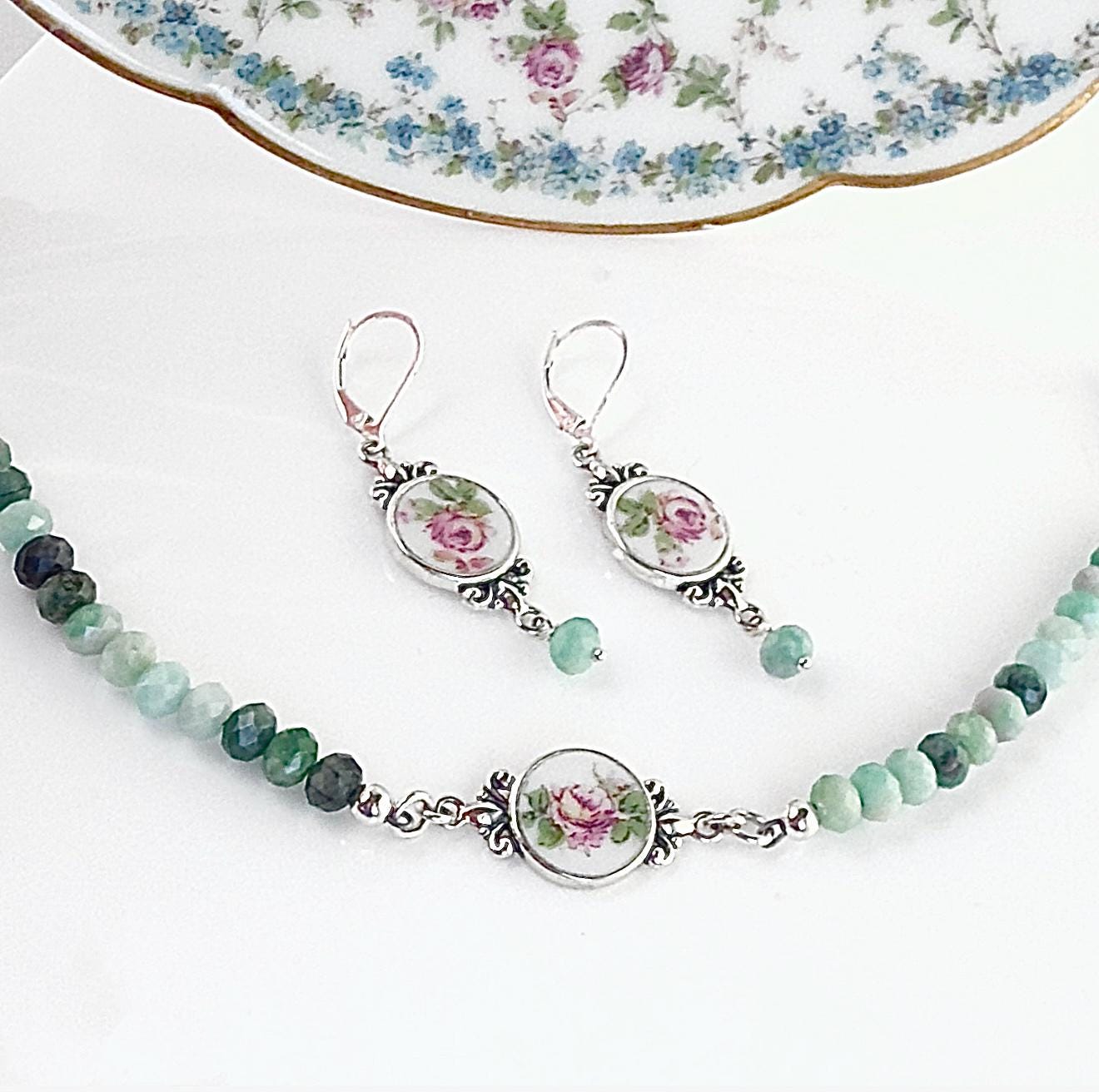 Emerald 20th Wedding Anniversary Gifts for Wife, Gemstone Jewelry Set, Bracelet and Earrings, Antique French Limoges Broken China Jewelry