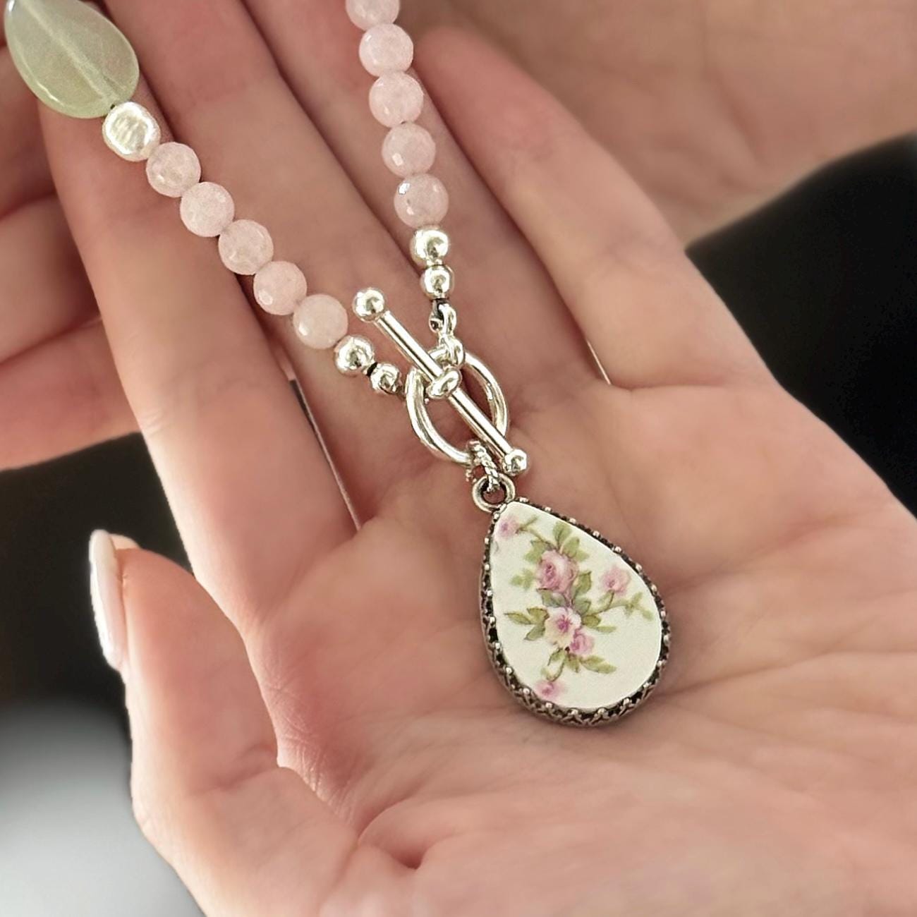 Antique Porcelain 18th Wedding Anniversary Gifts for Wife, Rose Quartz Toggle Necklace, French Limoges Broken China Jewelry, Blush Pink