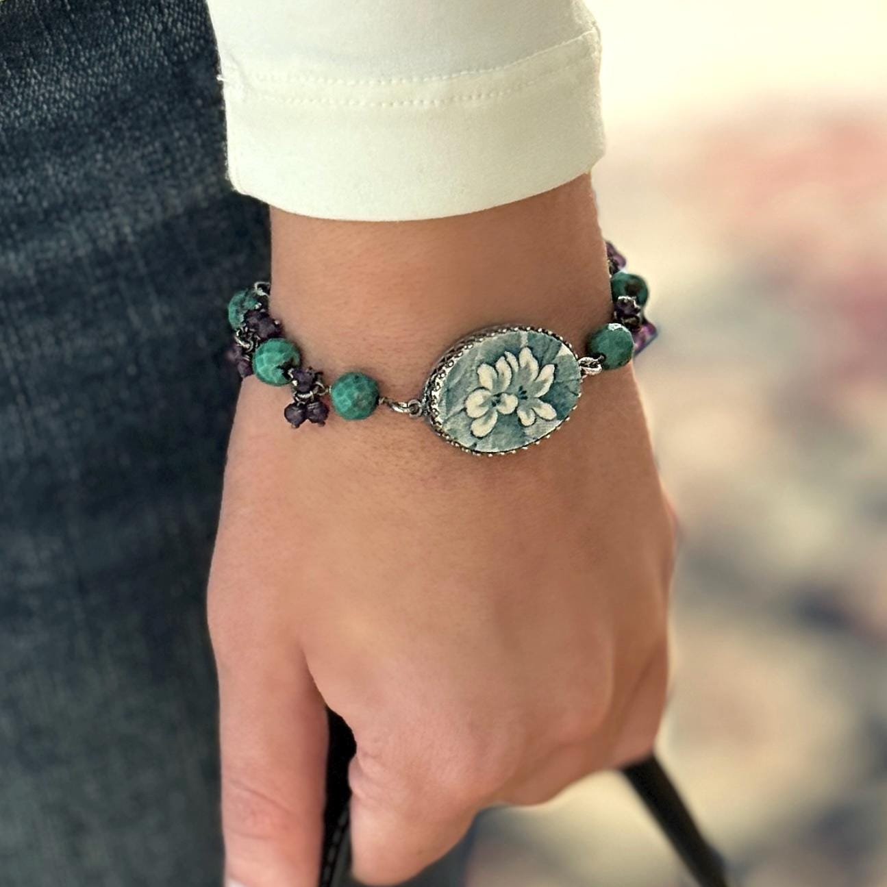 18th Wedding Anniversary Gift for Wife, Turquoise and Amethyst Beaded Bracelet, Porcelain Broken China Jewelry, Bohemian, Sterling Silver