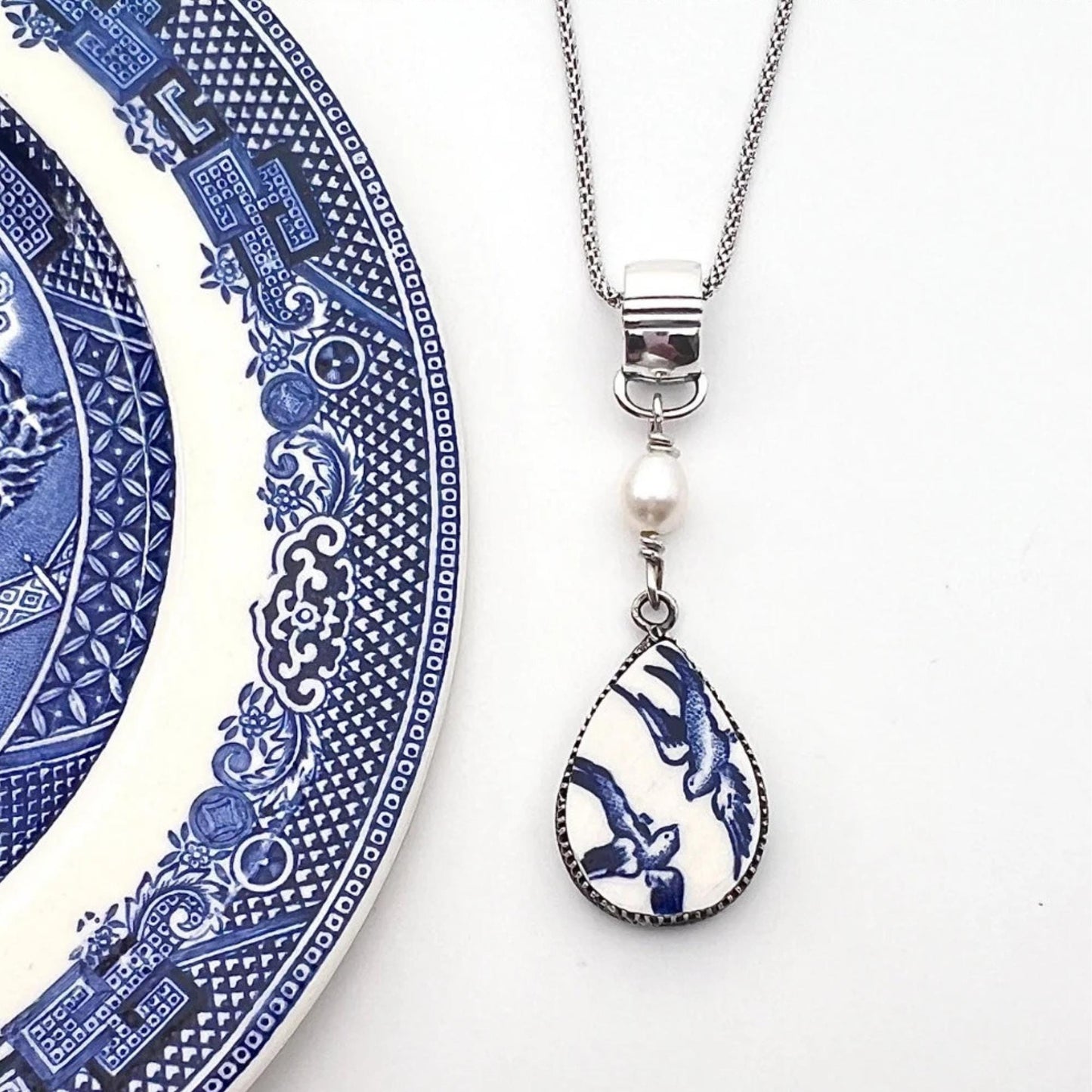 Romantic Blue Willow China 20th Anniversary Gift for Wife, Love Birds Vintage China Necklace, Broken China Jewelry, Pearl Jewelry