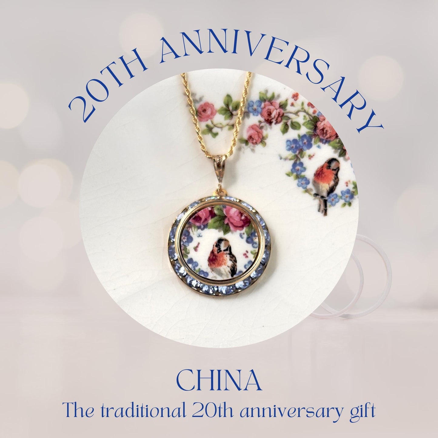 Vintage 20th Anniversary Gifts for Wife, Robin, Pink Rose and Forget Me Not Necklace, Gold Crystal Broken China Jewelry, Unique Gift for Her