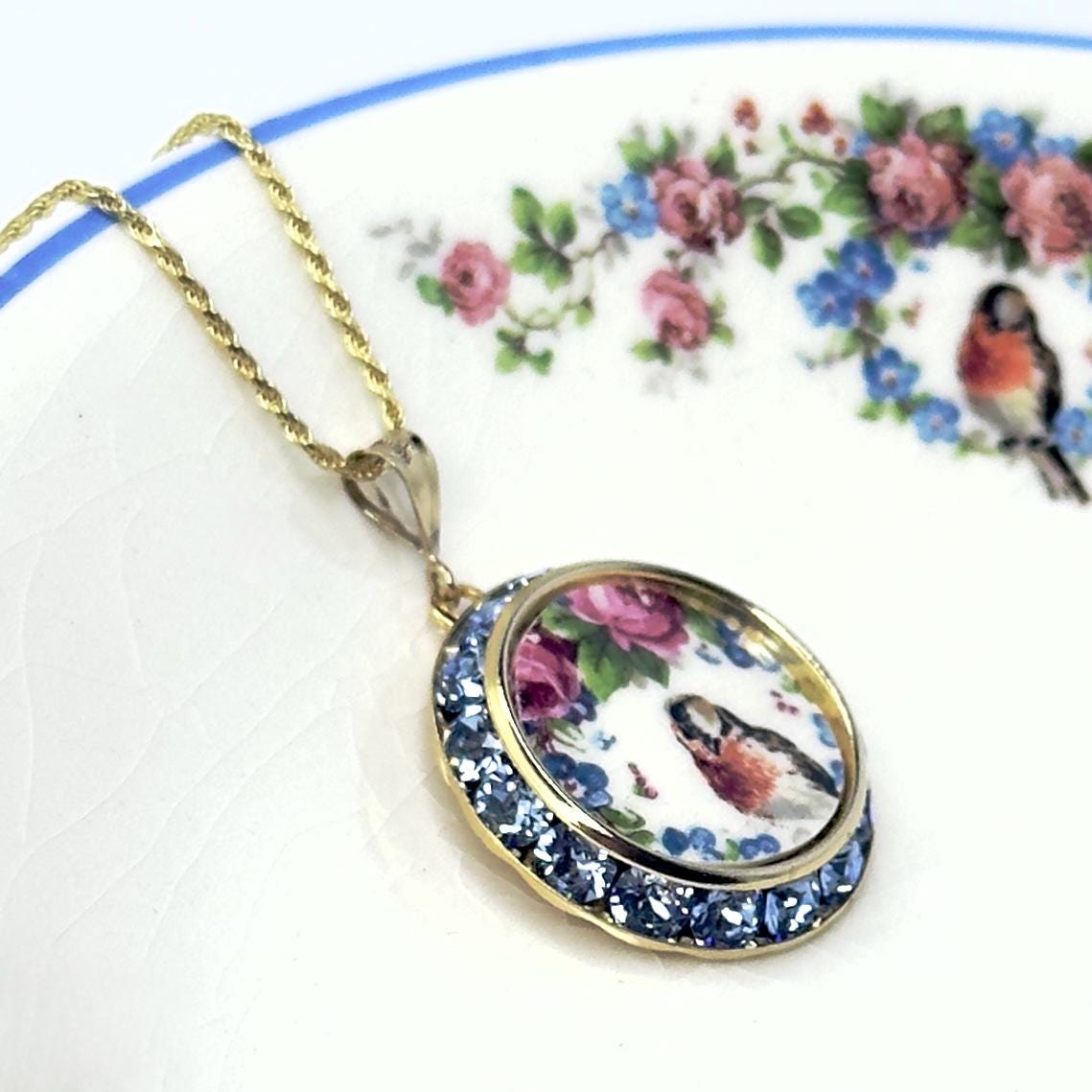Vintage 20th Anniversary Gifts for Wife, Robin, Pink Rose and Forget Me Not Necklace, Gold Crystal Broken China Jewelry, Unique Gift for Her