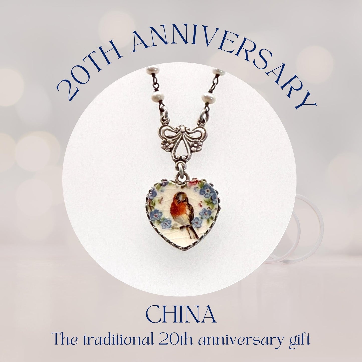 Romantic 20th Wedding Anniversary China Gift For Wife, Forget Me Not Broken China Jewelry, Victorian Robin Heart Pendant, Pearl Necklace