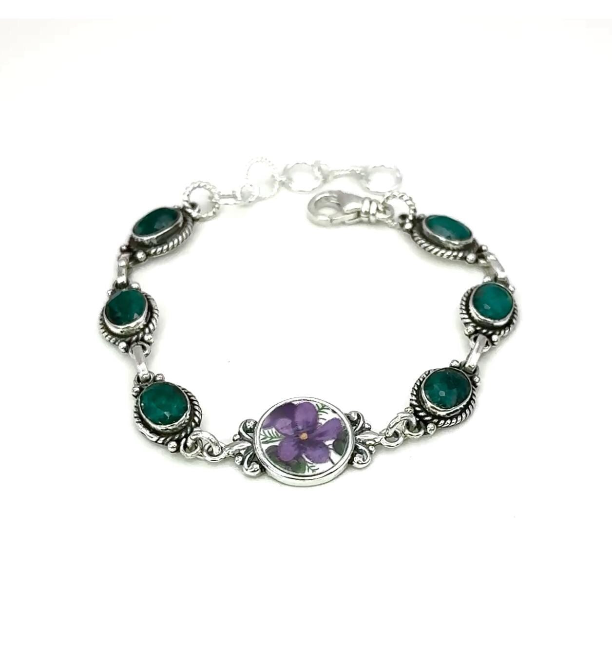 Emerald 20th Wedding Anniversary Gifts for Wife, Gemstone Bracelet, Purple Violet Broken China Jewelry, Unique Gift for Her, Sterling Silver