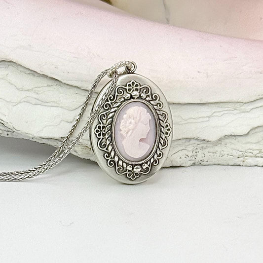 Unique Anniversary Gifts for Girlfriend, Sterling Silver Cameo Photo Locket, Victorian Jewelry, Vintage Italian Pink Shell Cameo Necklace