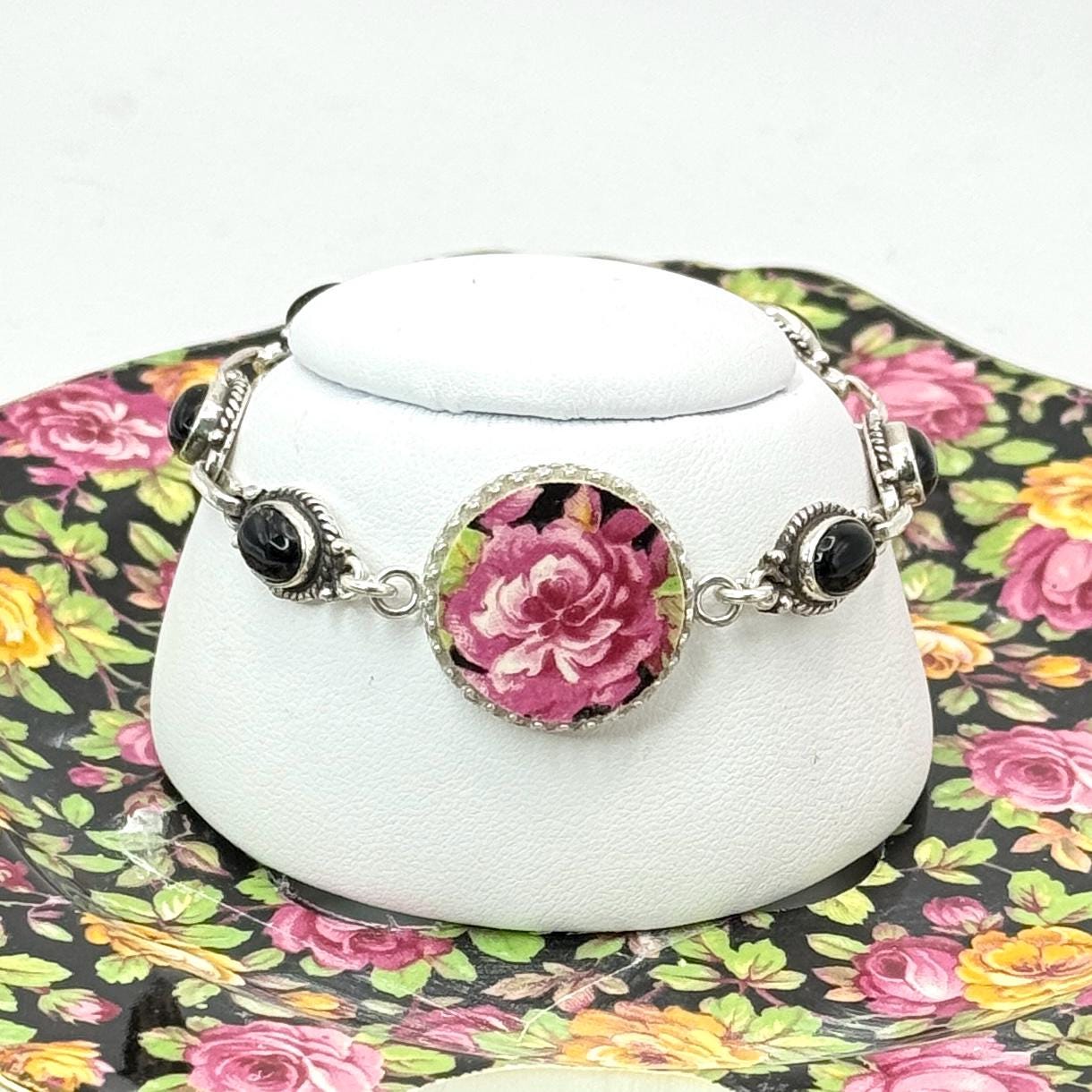 Unique 2nd Wedding Anniversary Gifts for Wife, Vintage Chintz China, Sterling Silver and Black Onyx, Broken China Jewelry Bracelet