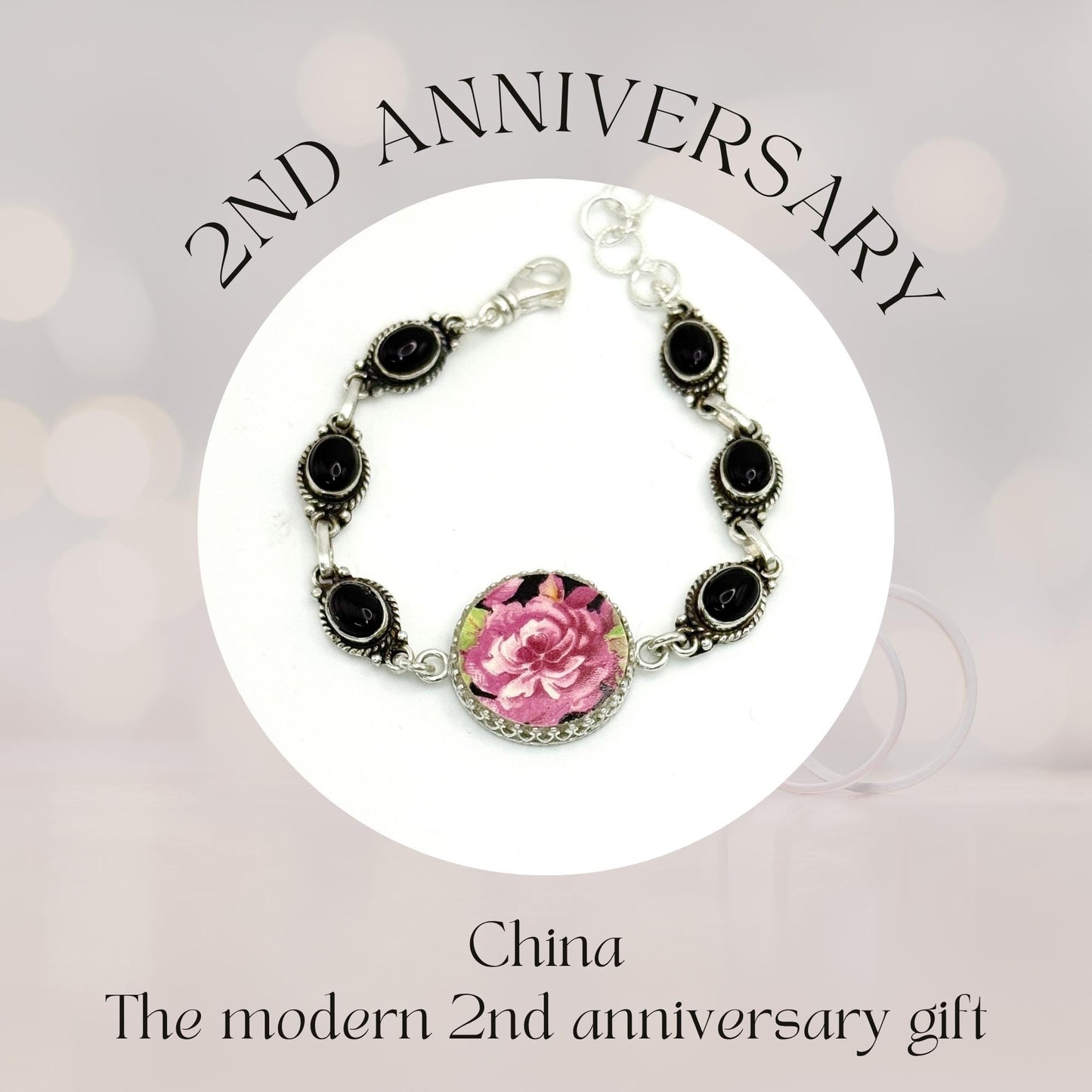 Unique 2nd Wedding Anniversary Gifts for Wife, Vintage Chintz China, Sterling Silver and Black Onyx, Broken China Jewelry Bracelet